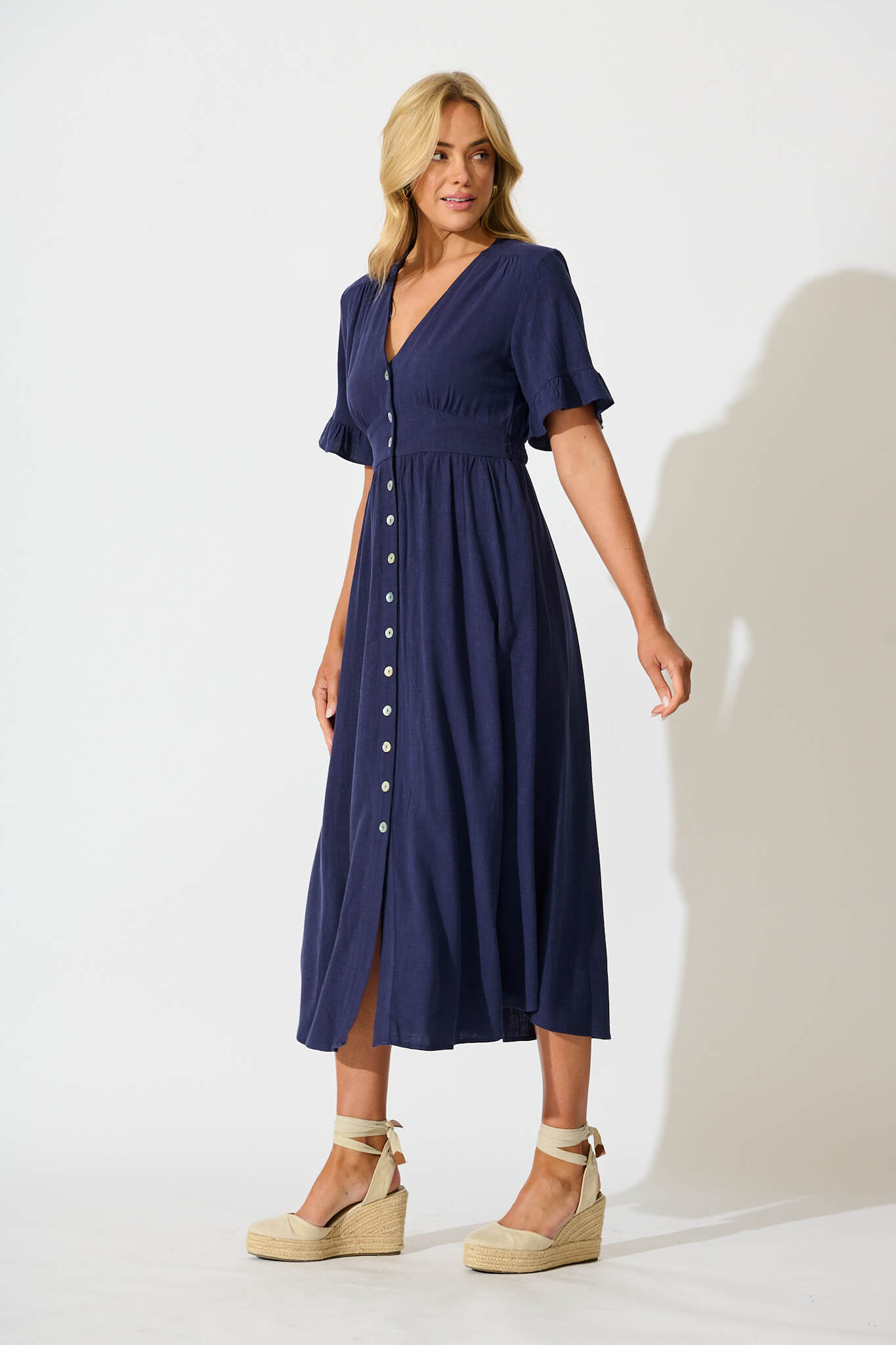Daysia Midi Dress in Navy Linen Blend