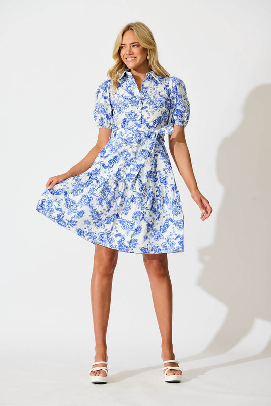 Sabi Dress in White with Blue Floral Cotton
