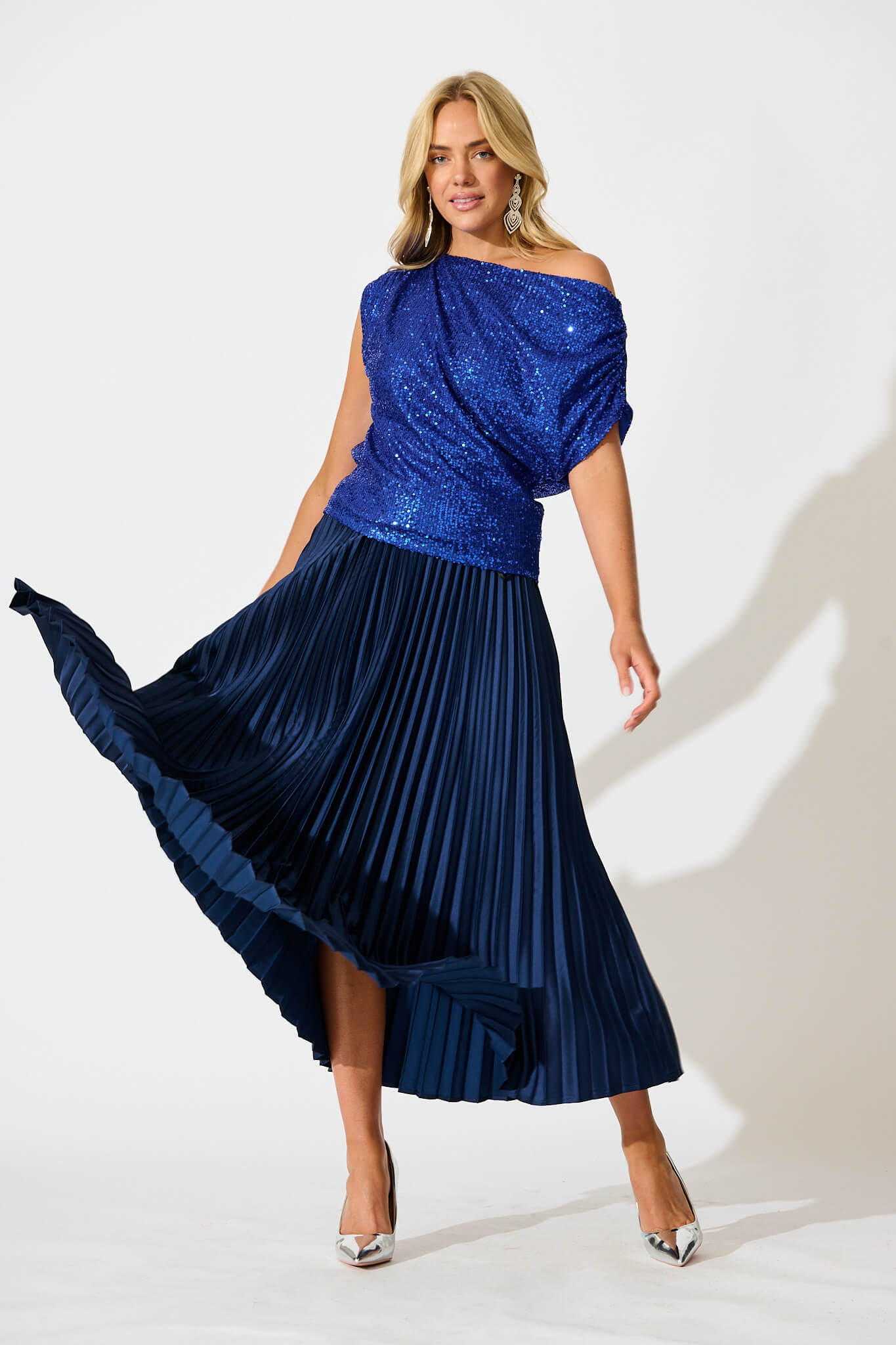 Liana Off Shoulder Top in Cobalt Blue Sequin