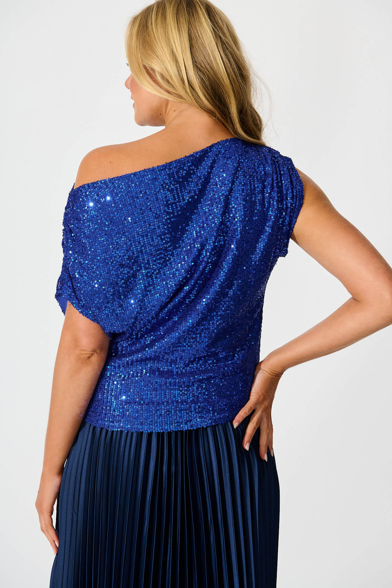 Liana Off Shoulder Top in Cobalt Blue Sequin