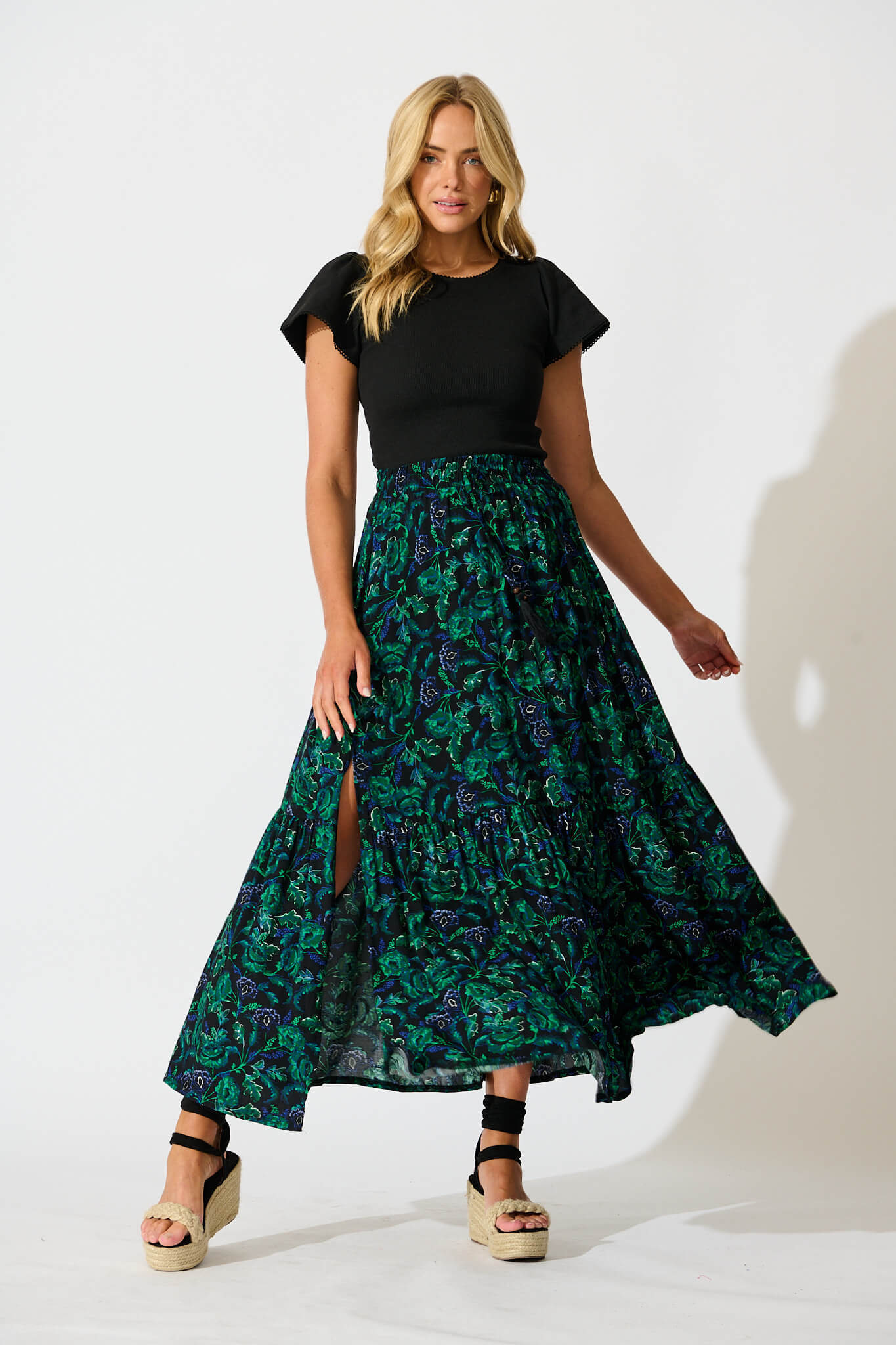 Bilboa Maxi Skirt in Emerald with Green and Blue Floral