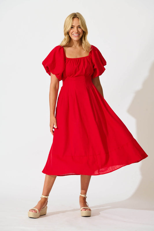 Wintour Midi Dress In Red Linen Blend