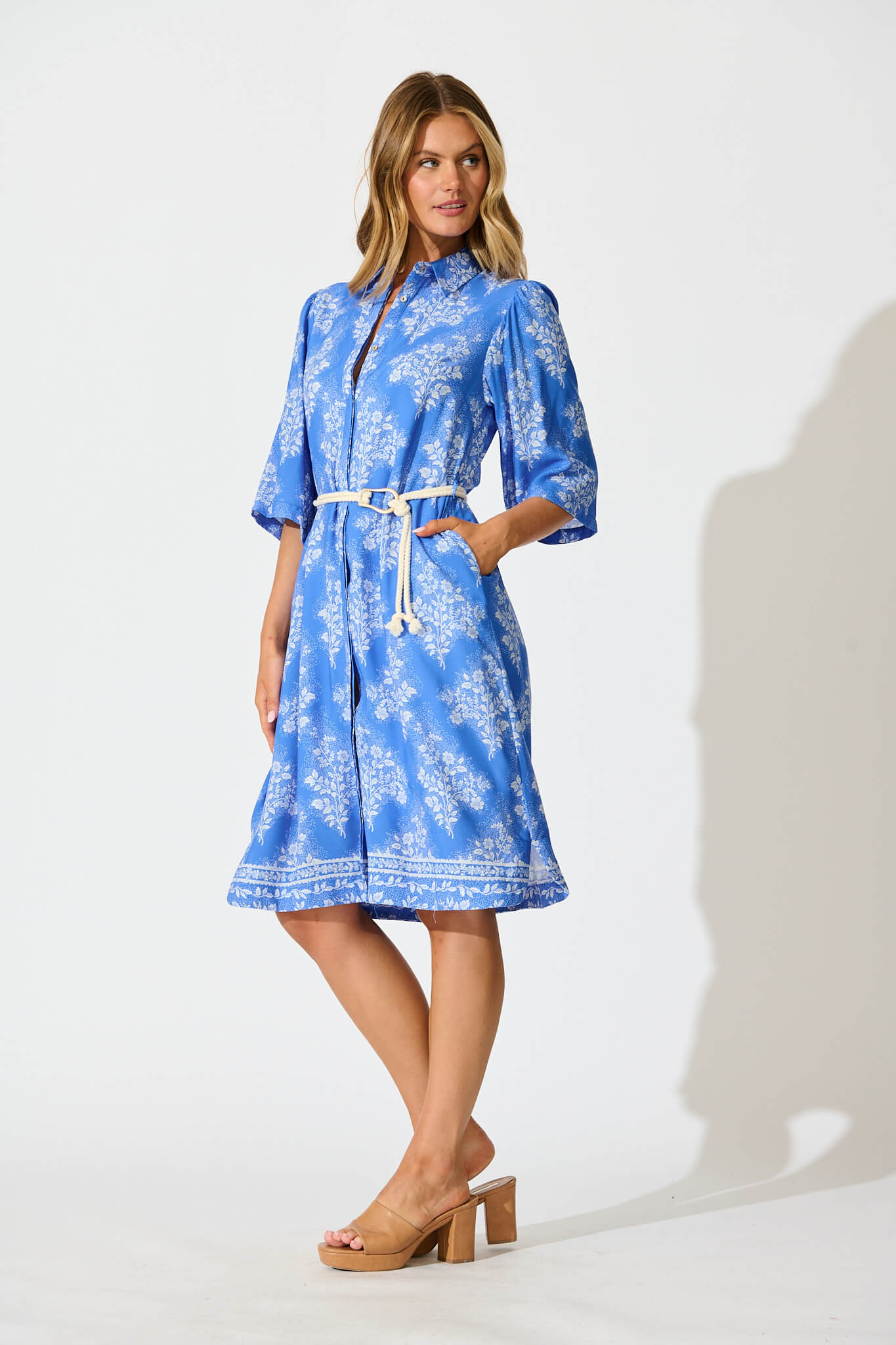 Watsonia Midi Shirt Dress In Blue with White Floral