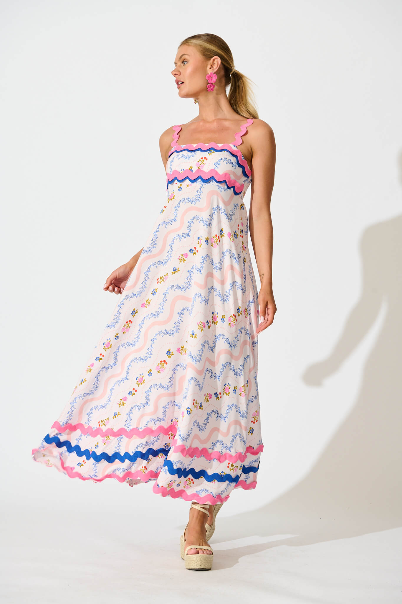 Peony Maxi Sundress in Pink Multi Floral with Ric Rac Trim