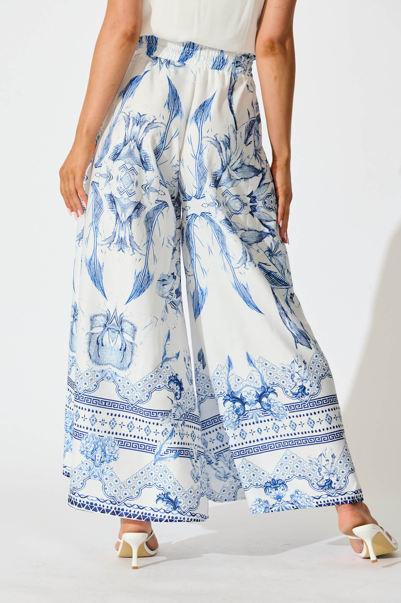Mariah Pants in White with Blue Floral Border