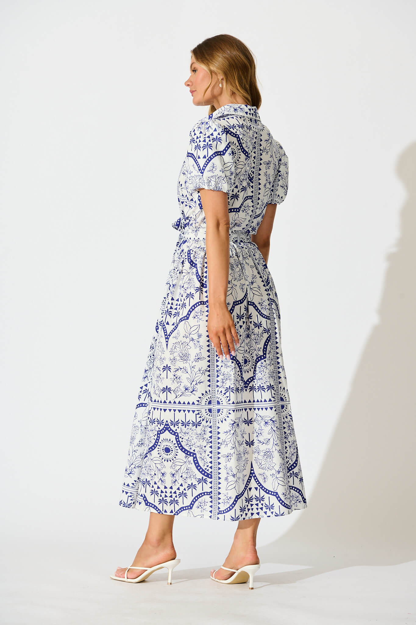 Delsanti Maxi Shirt Dress In White and Blue Cotton Linen