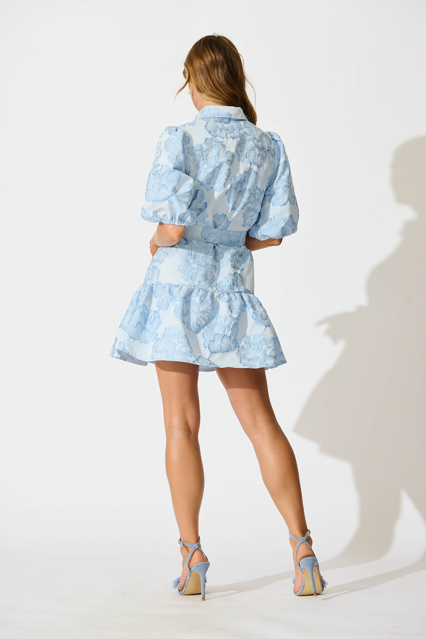 Fione Shirt Dress in Pale Blue Floral Jacquard