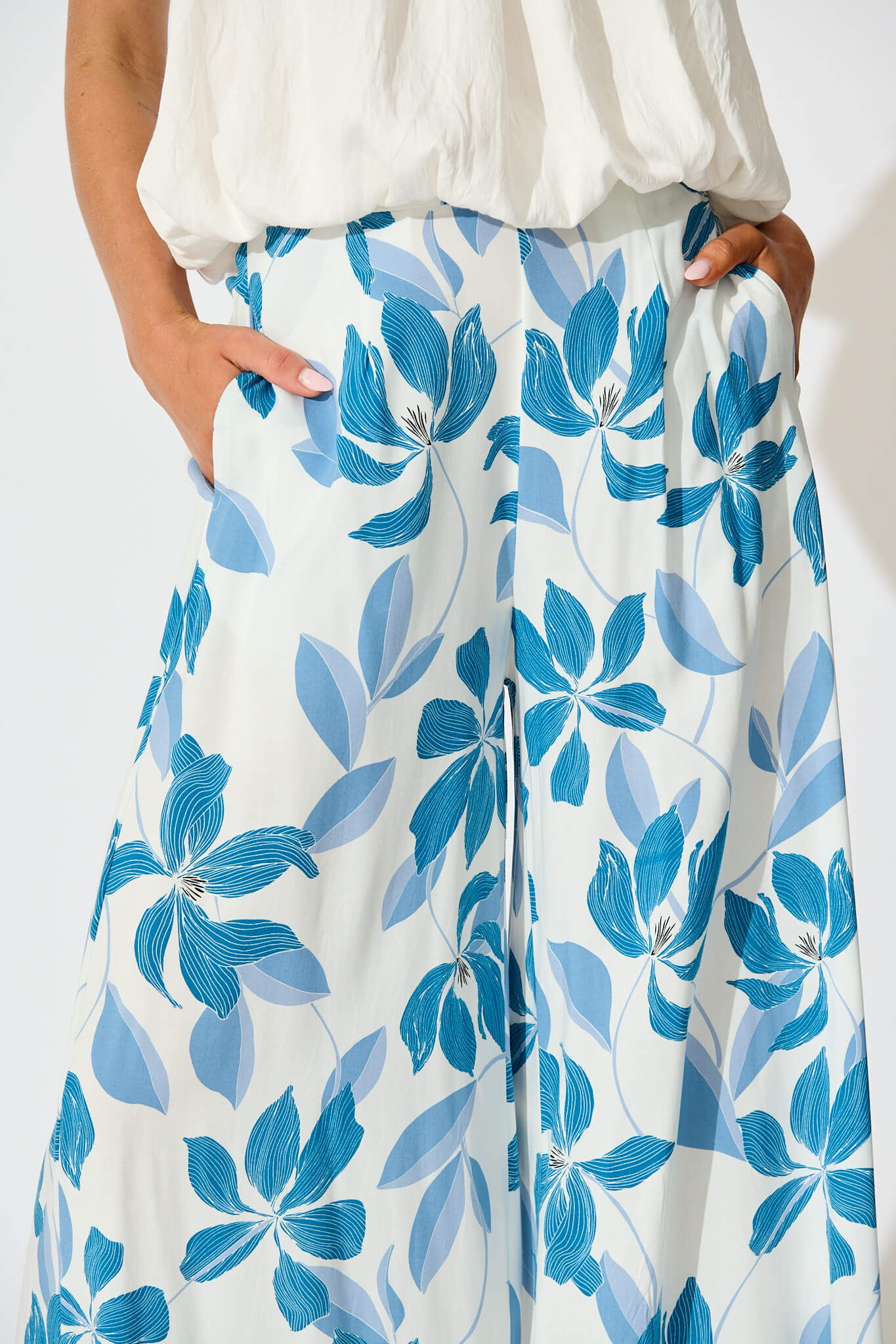 Eleanor Wide Leg Pant In White with Blue Floral