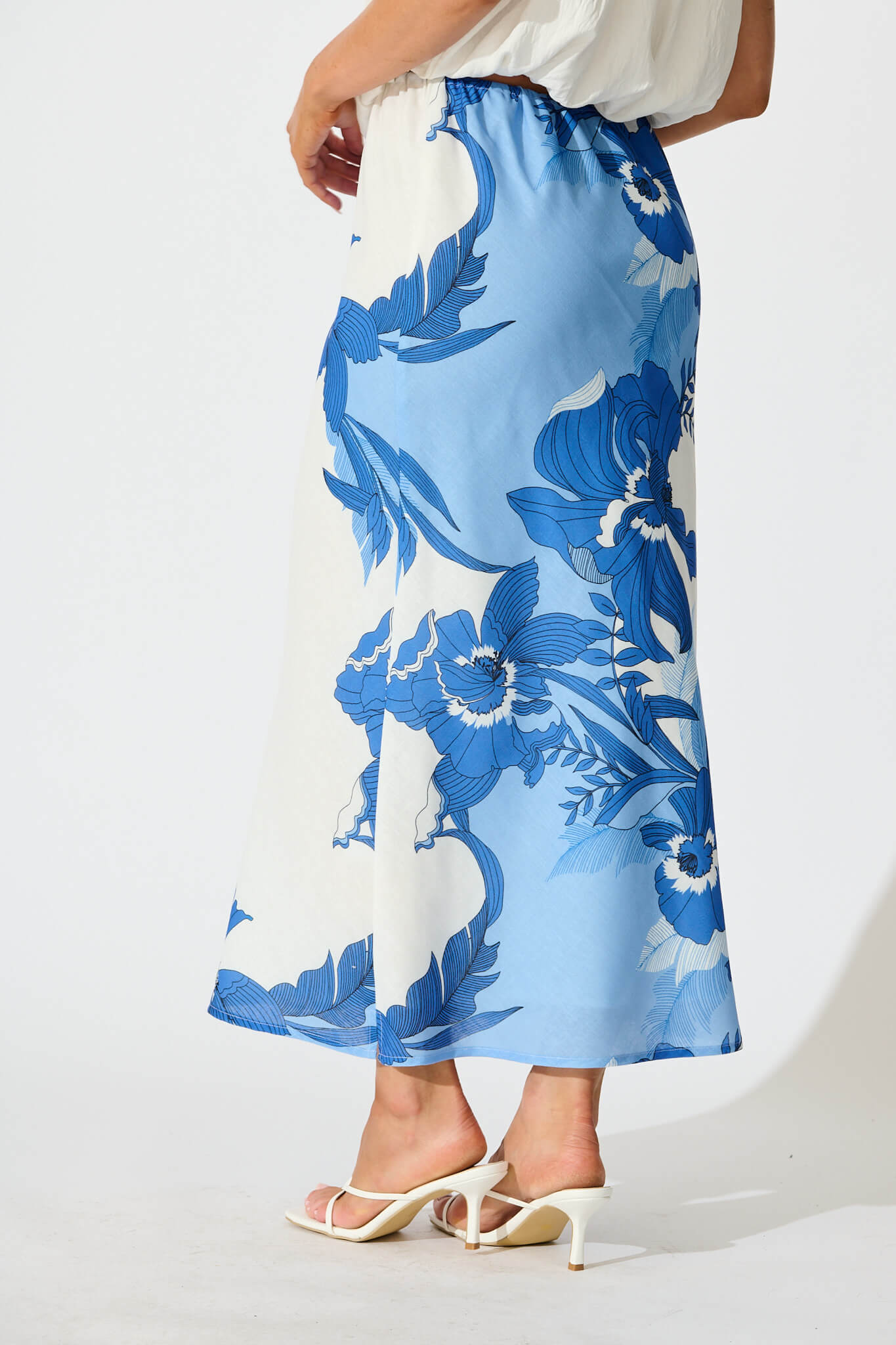Rubina Maxi Skirt In Blue and White Floral Linen Blend