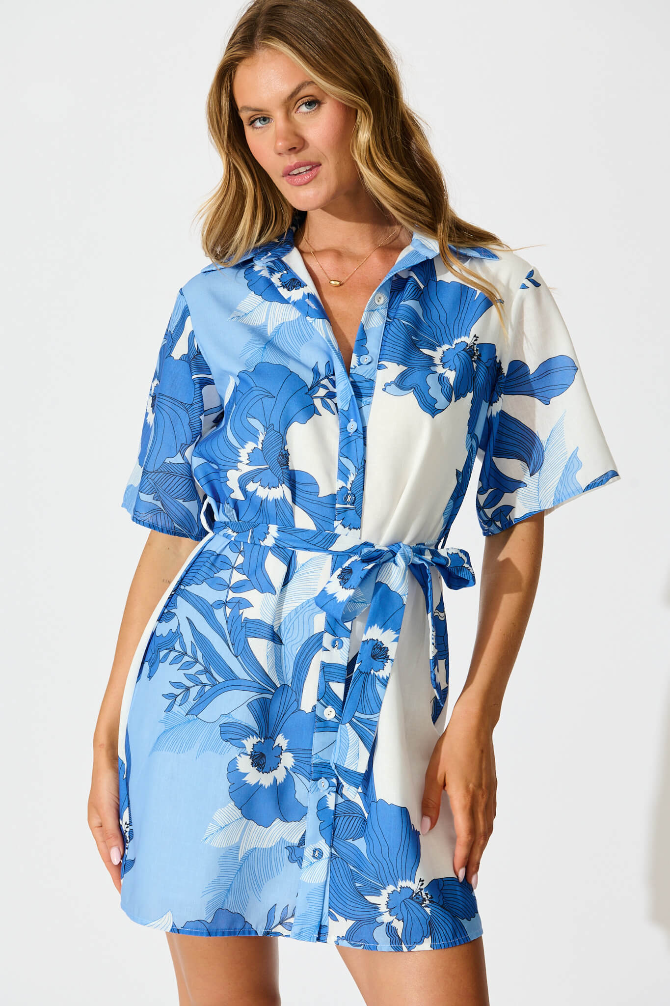 Miela Shirt Dress In Blue and White Floral Linen Blend