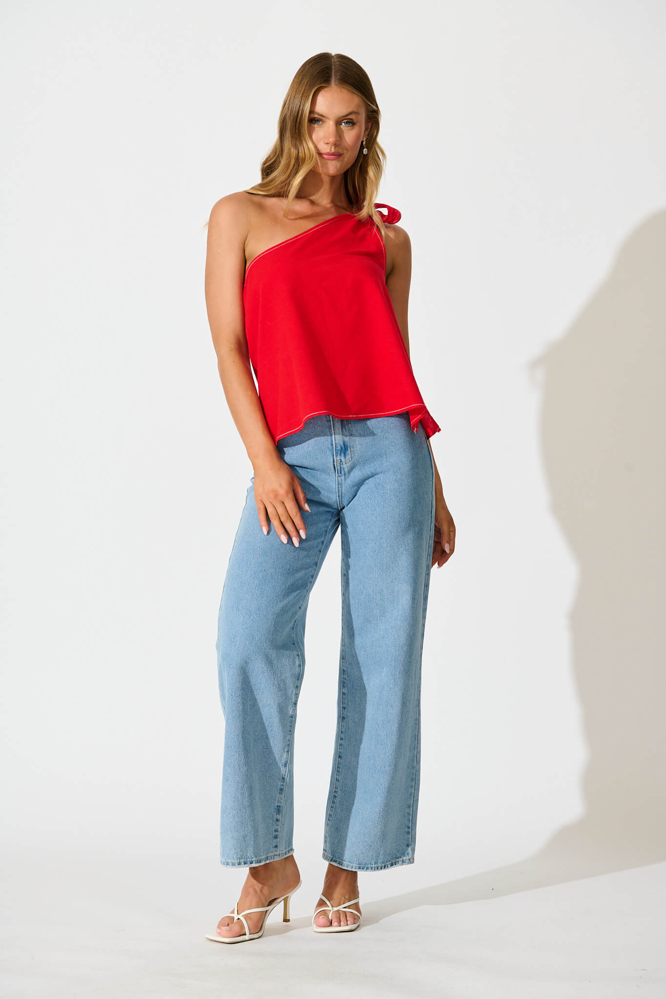 Rachella One Shoulder Top In Red Cotton Linen Blend
