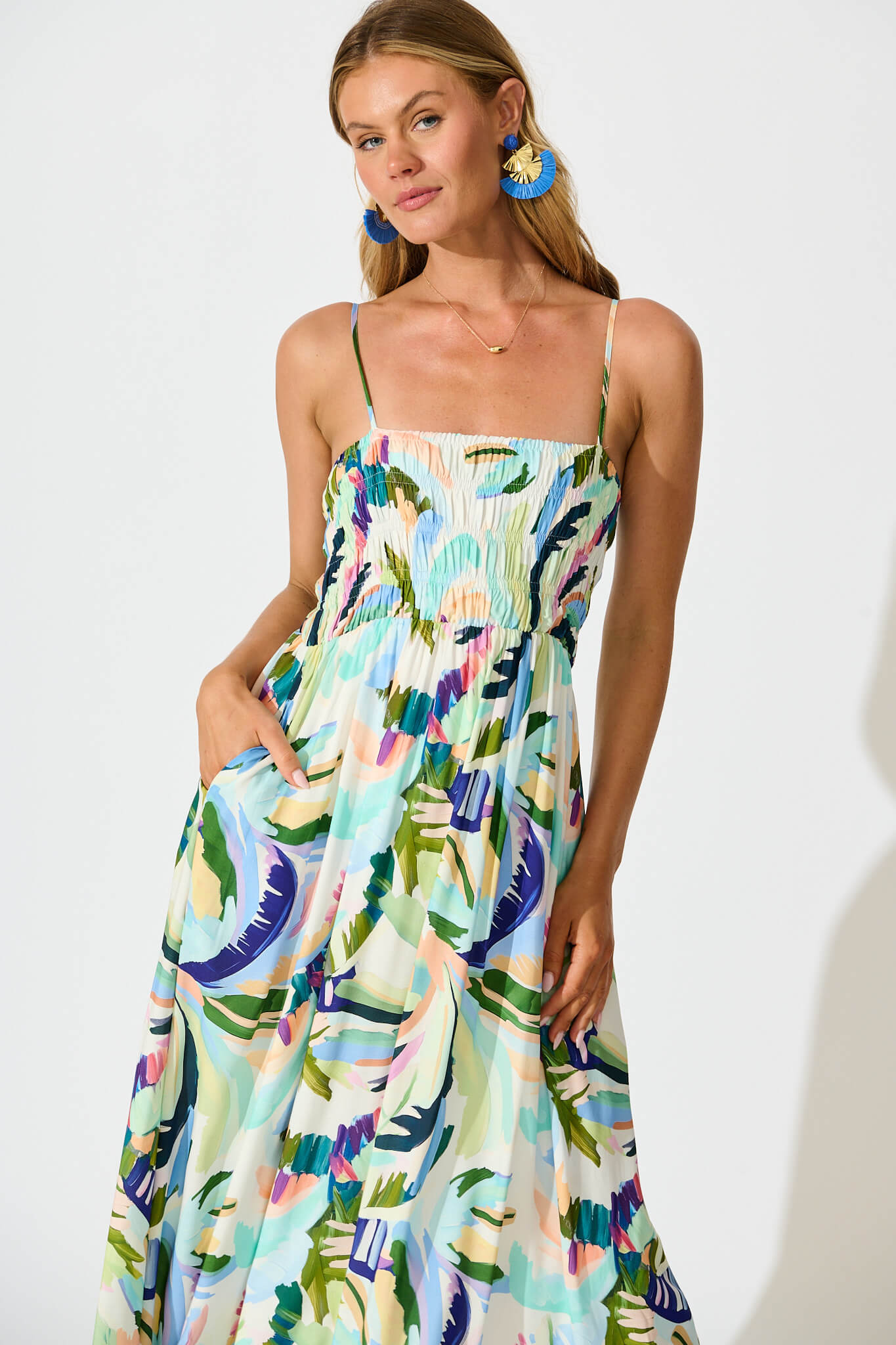 Dillon Maxi Sundress in Multi Green Print