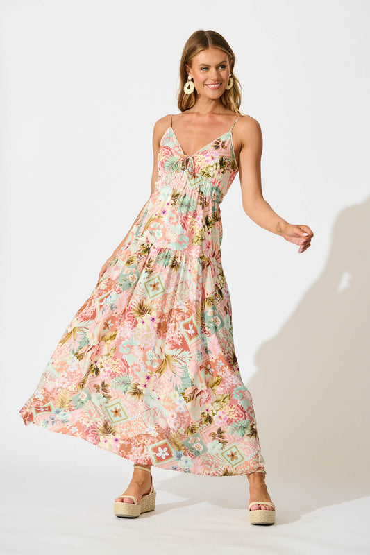 Tilda Maxi Sundress In Tropical Patchwork Print