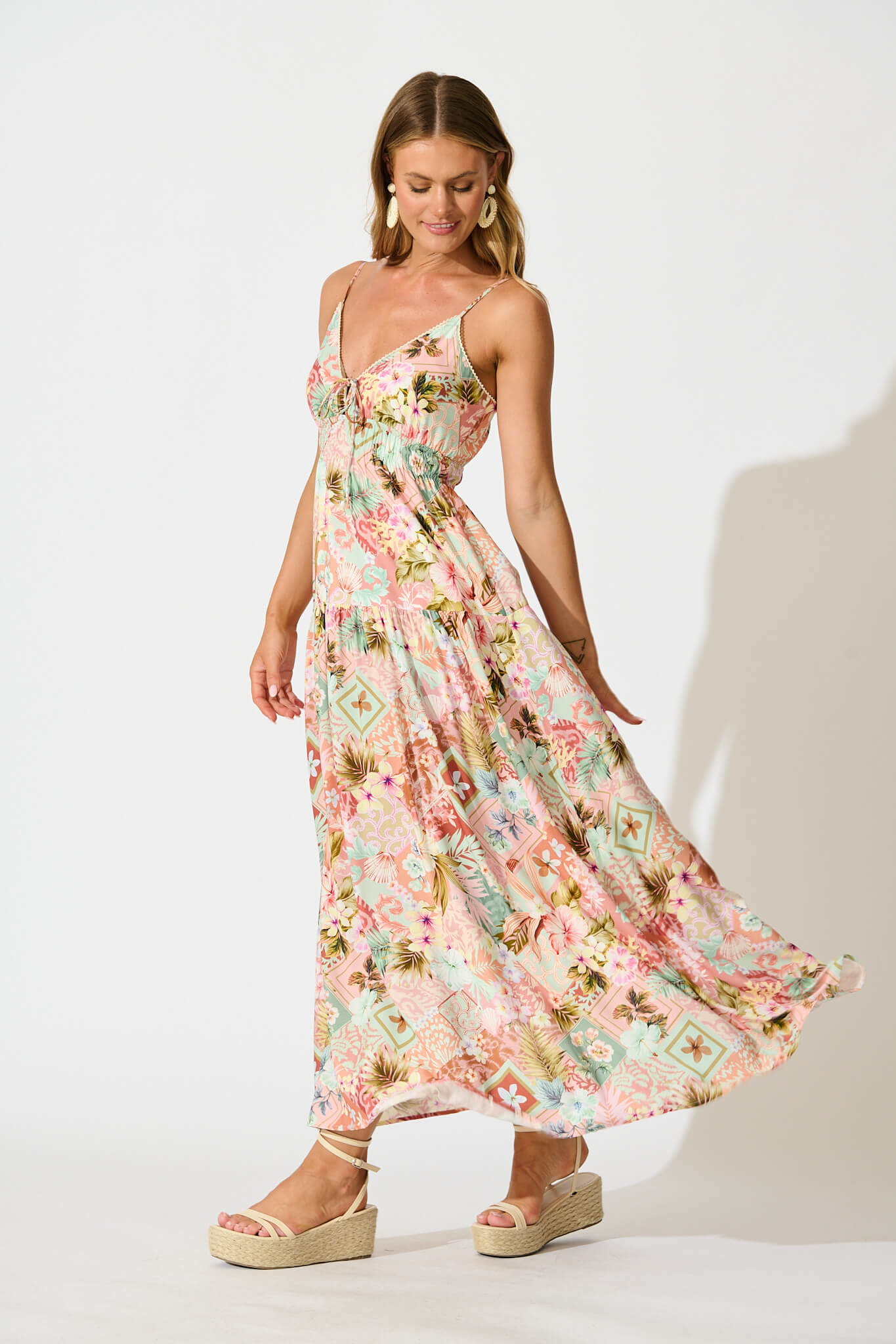 Tilda Maxi Sundress In Tropical Patchwork Print