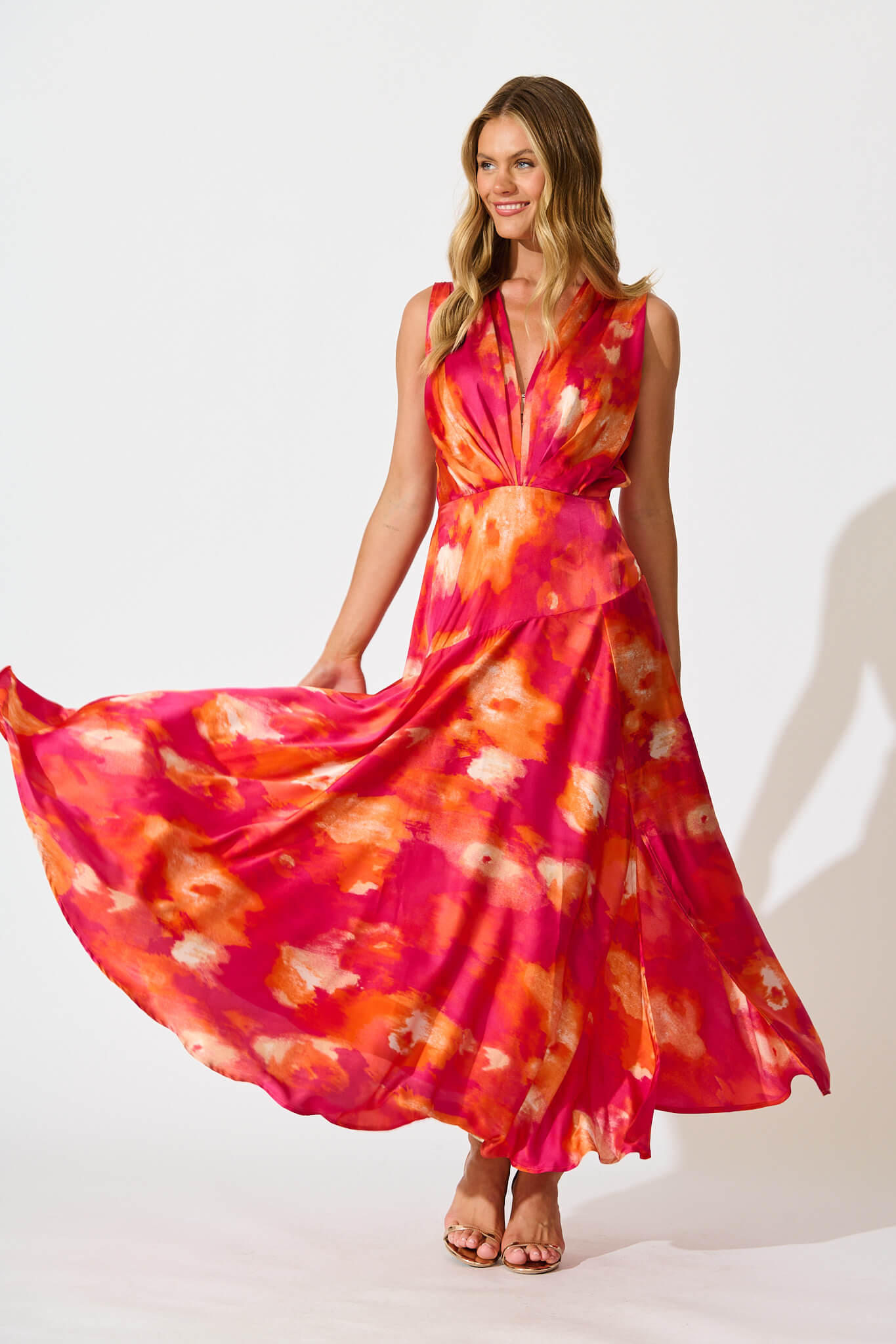 Jenibelle Maxi Dress in Hot Pink With Red Watercolour Satin