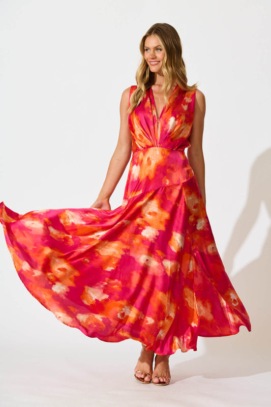 Jenibelle Maxi Dress in Hot Pink With Red Watercolour Satin