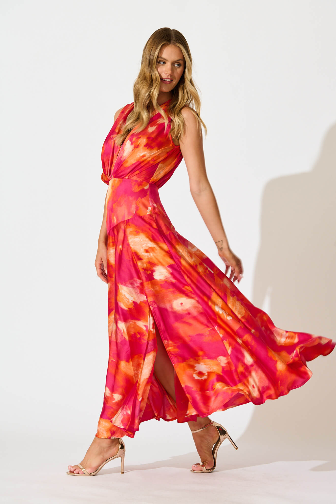 Jenibelle Maxi Dress in Hot Pink With Red Watercolour Satin