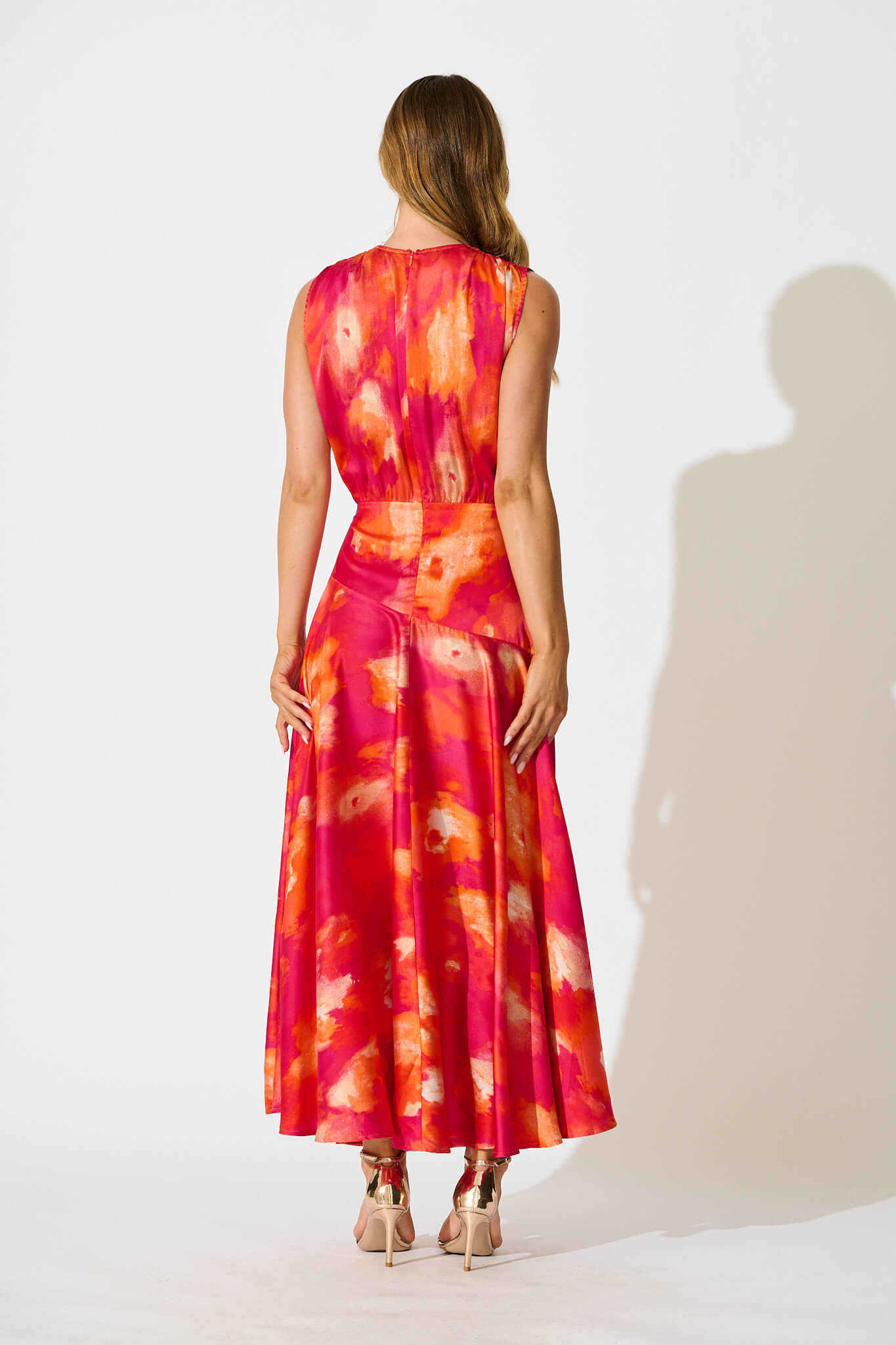 Jenibelle Maxi Dress in Hot Pink With Red Watercolour Satin