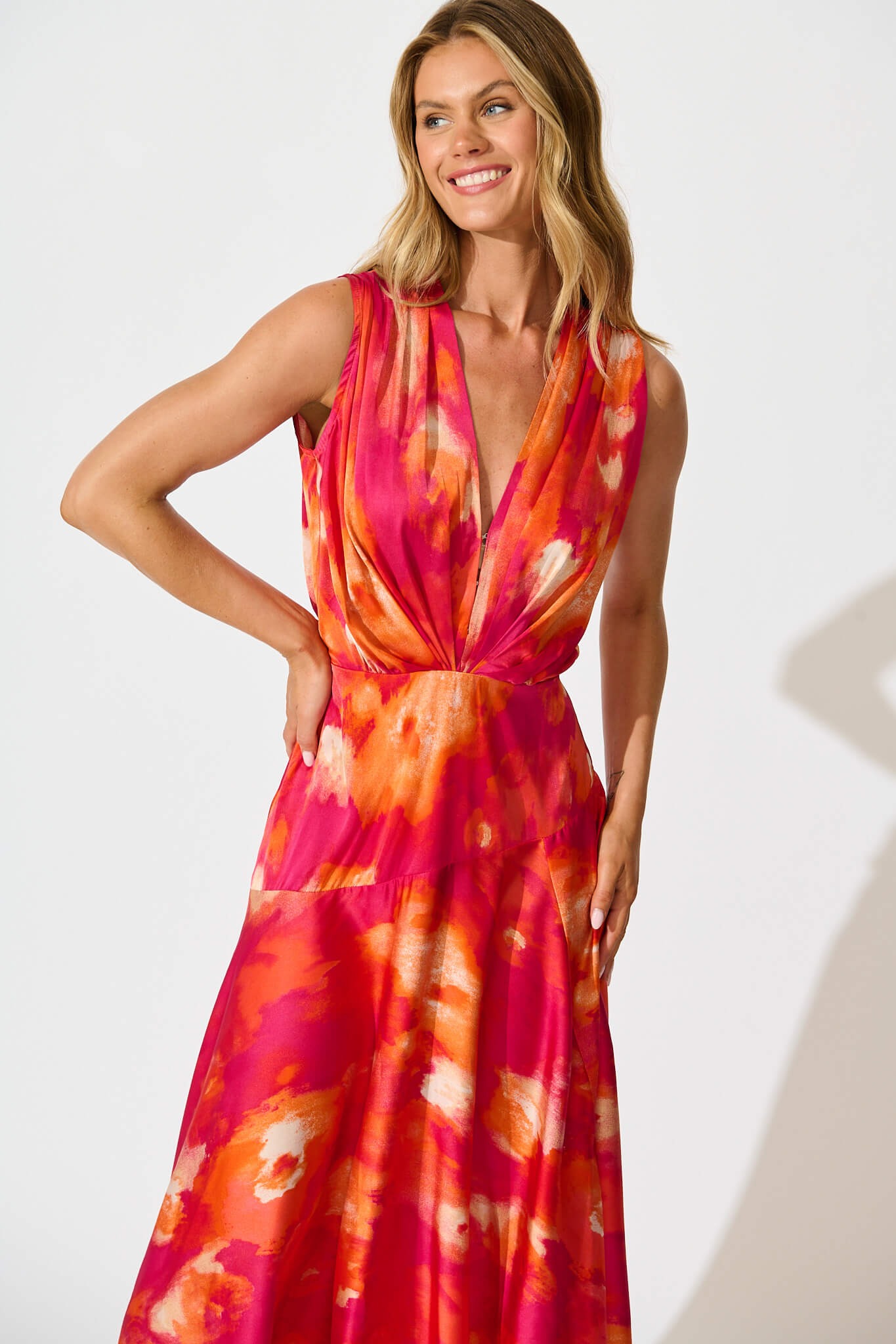 Jenibelle Maxi Dress in Hot Pink With Red Watercolour Satin
