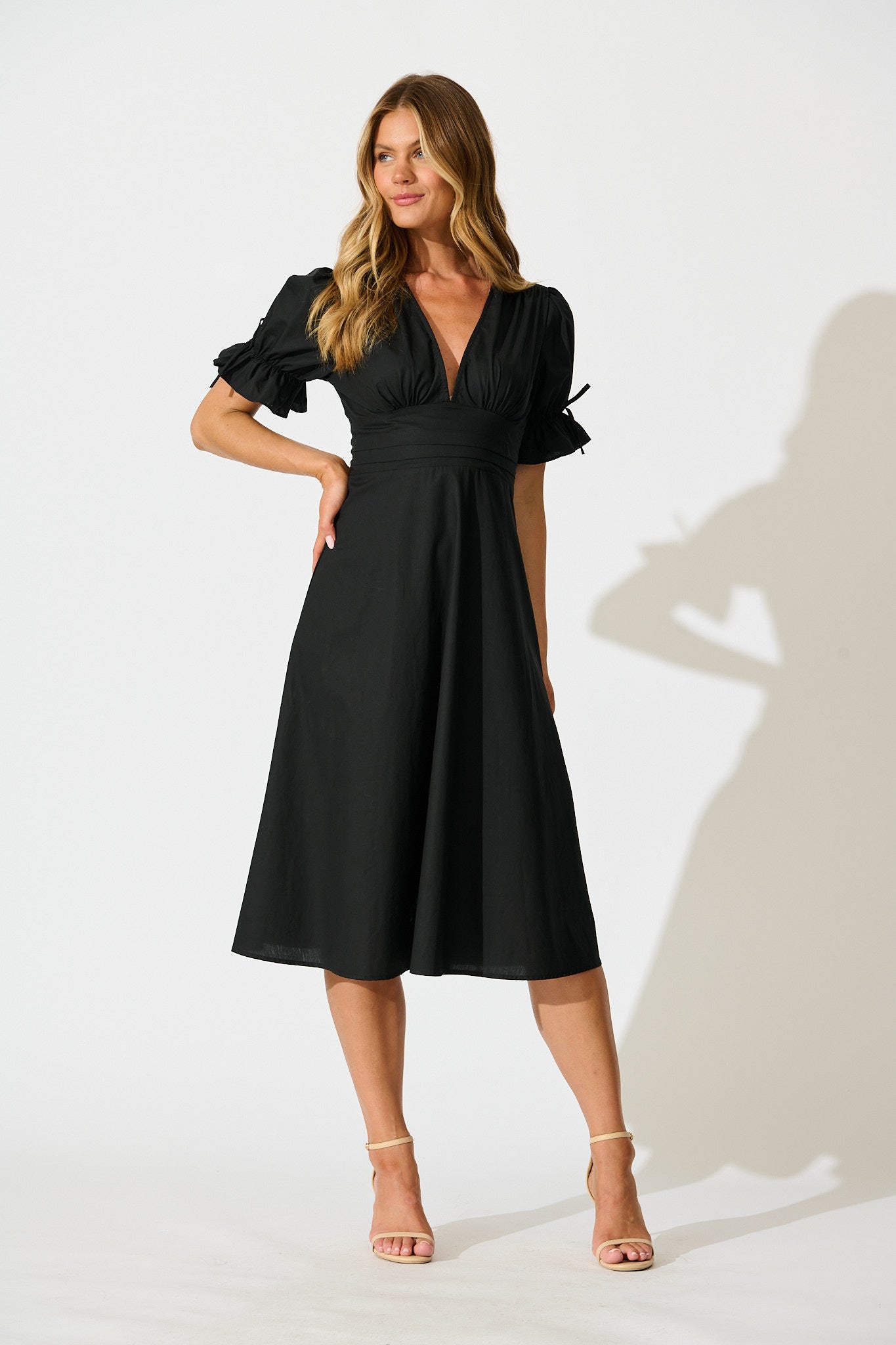 Sunrays Midi Dress in Black Cotton