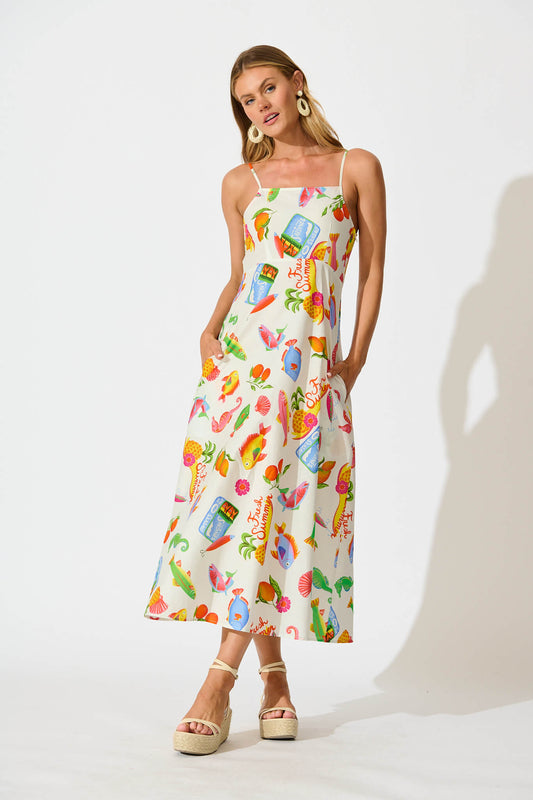 Leia Midi Sundress in White Multi Summer Print Cotton