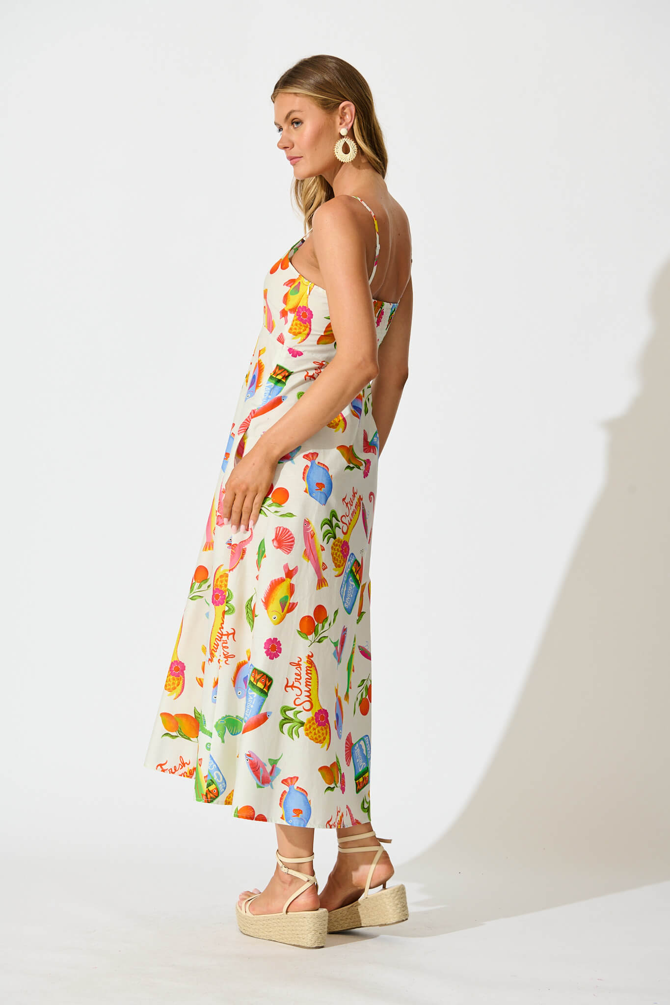 Leia Midi Sundress in White Multi Summer Print Cotton