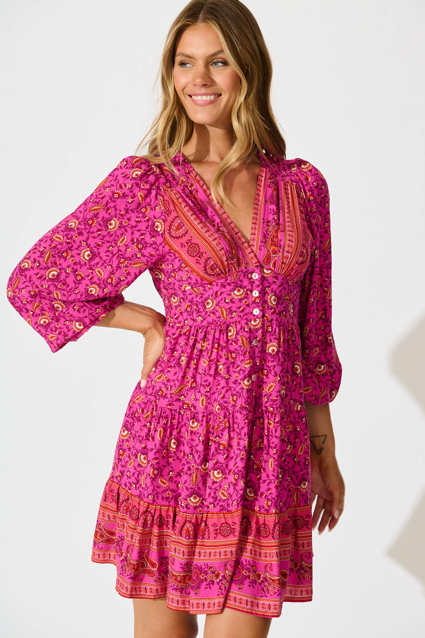 Abriella Dress In Magenta Floral Border Print