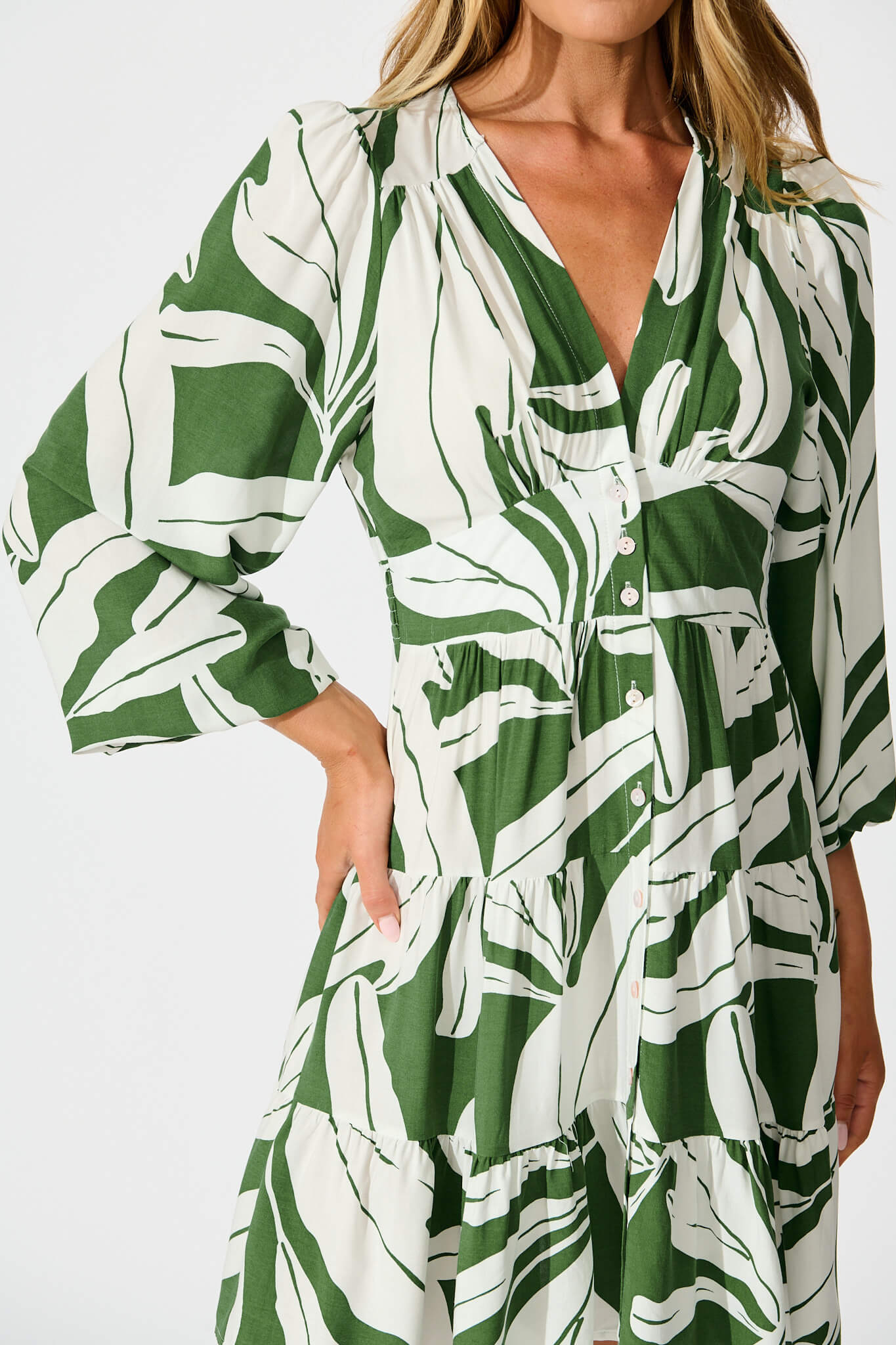 Abriella Dress in Green with White Leaf