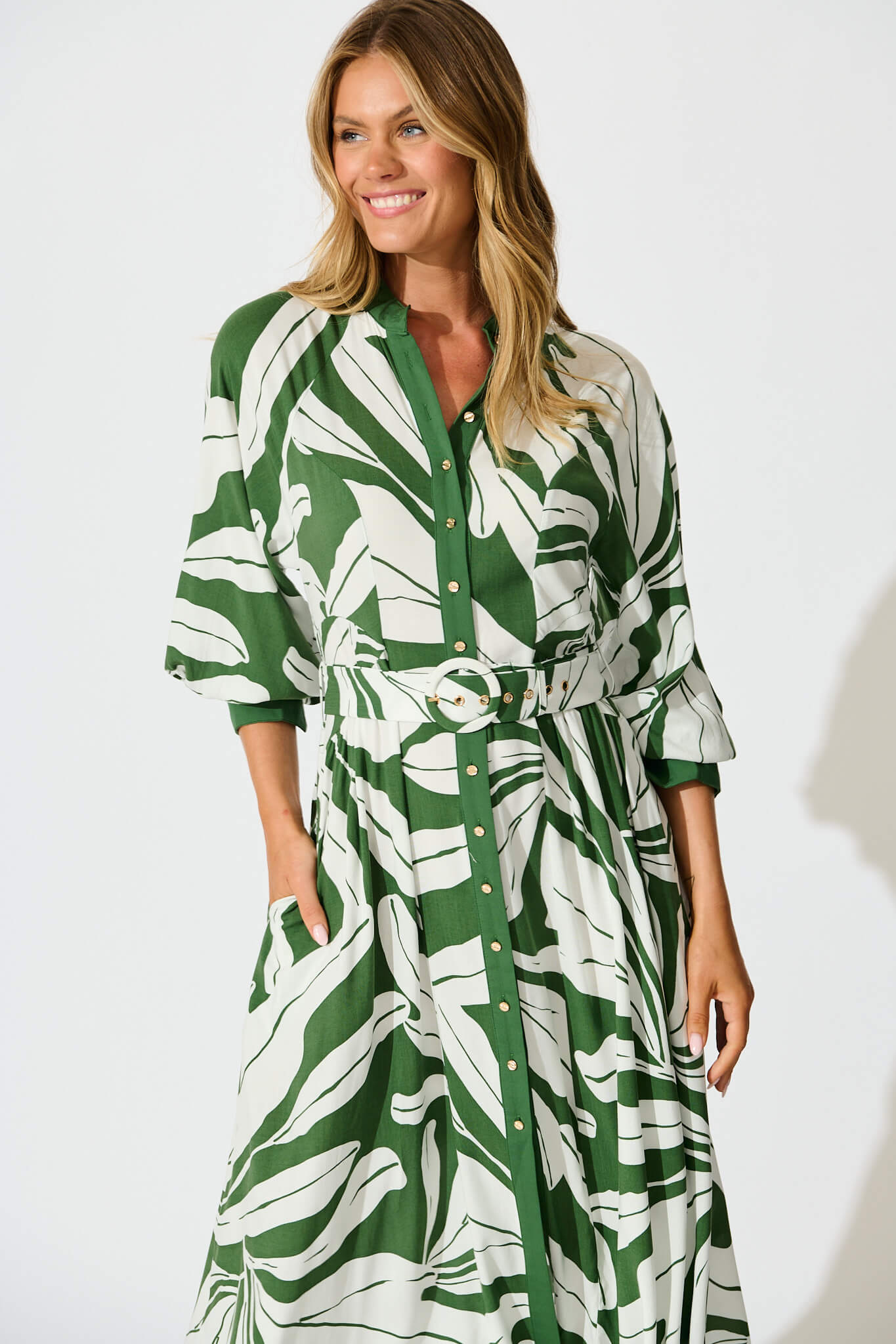 Shiloh Midi Shirt Dress in Green with White Leaf