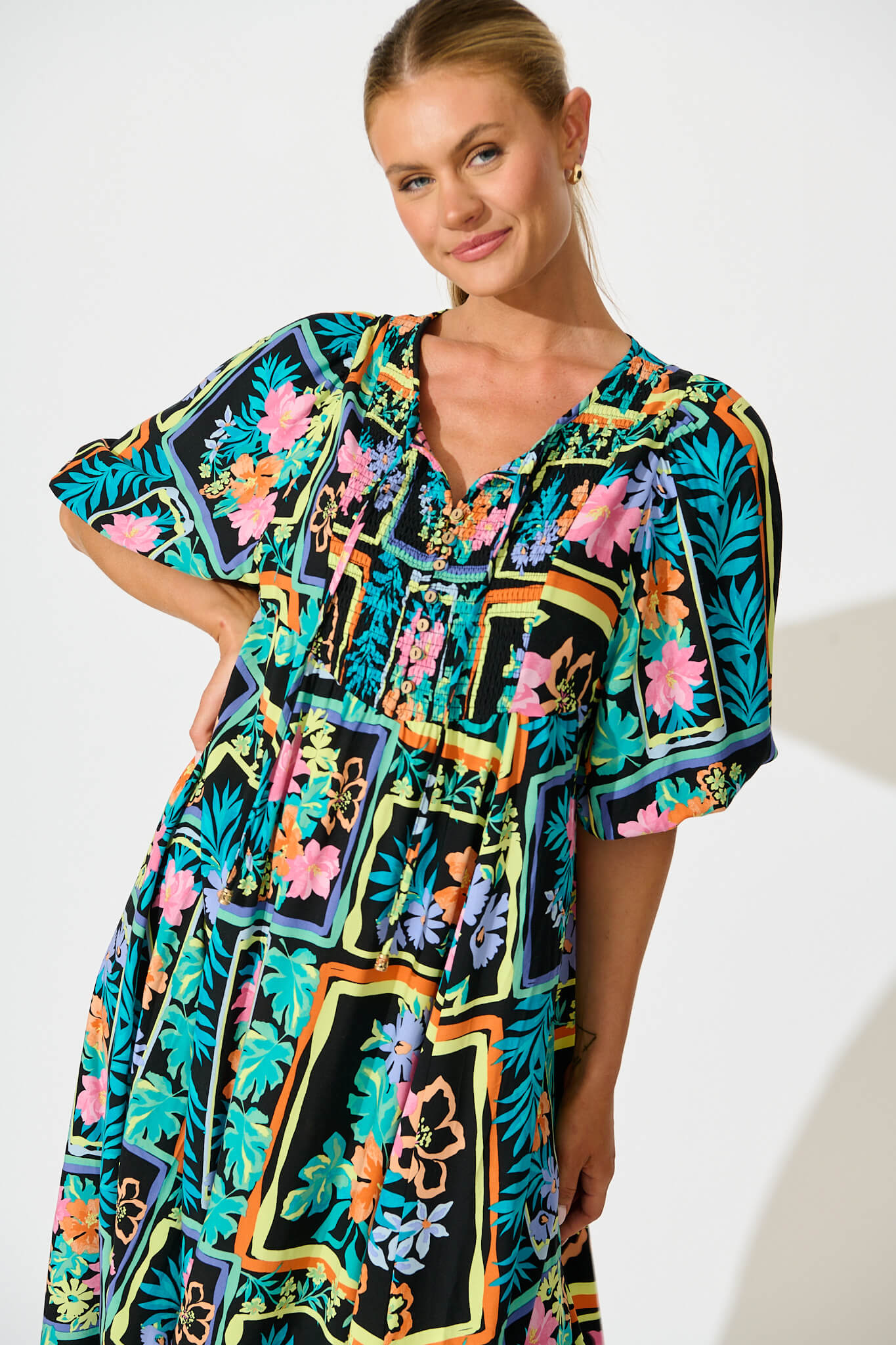 Devana Midi Smock  Dress In Black Multi Print