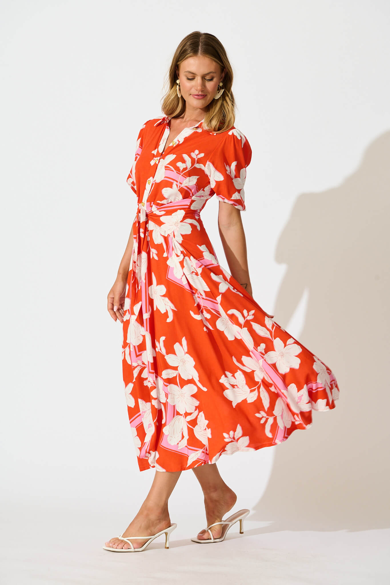 Bella Maxi Shirt Dress in Tangerine with White Floral