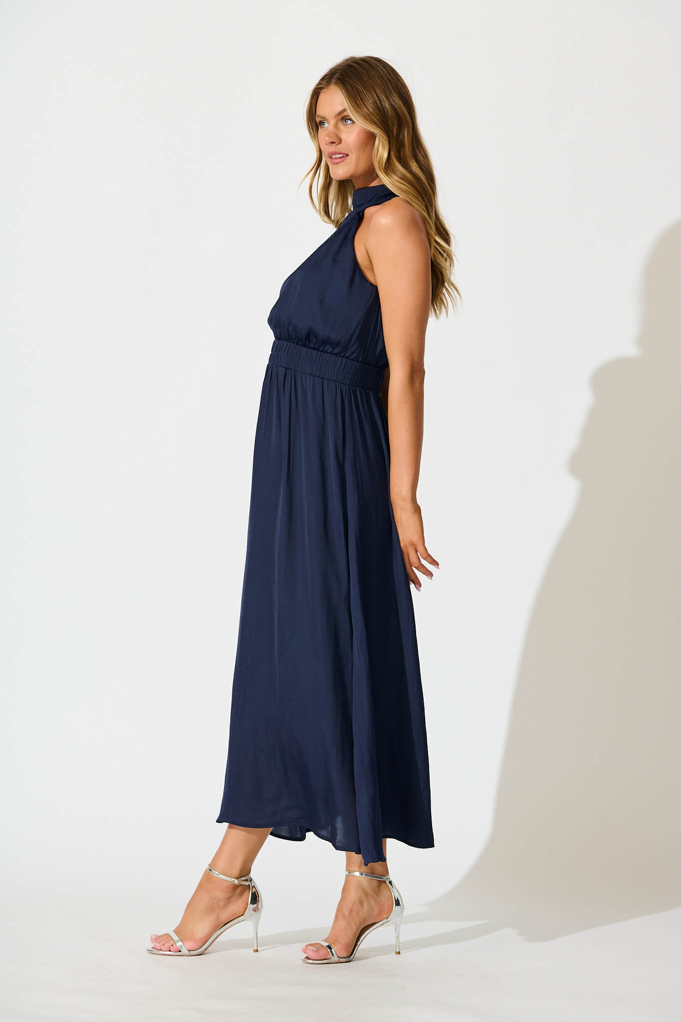 Costa Rica Halter Neck Maxi Dress in Navy Satin