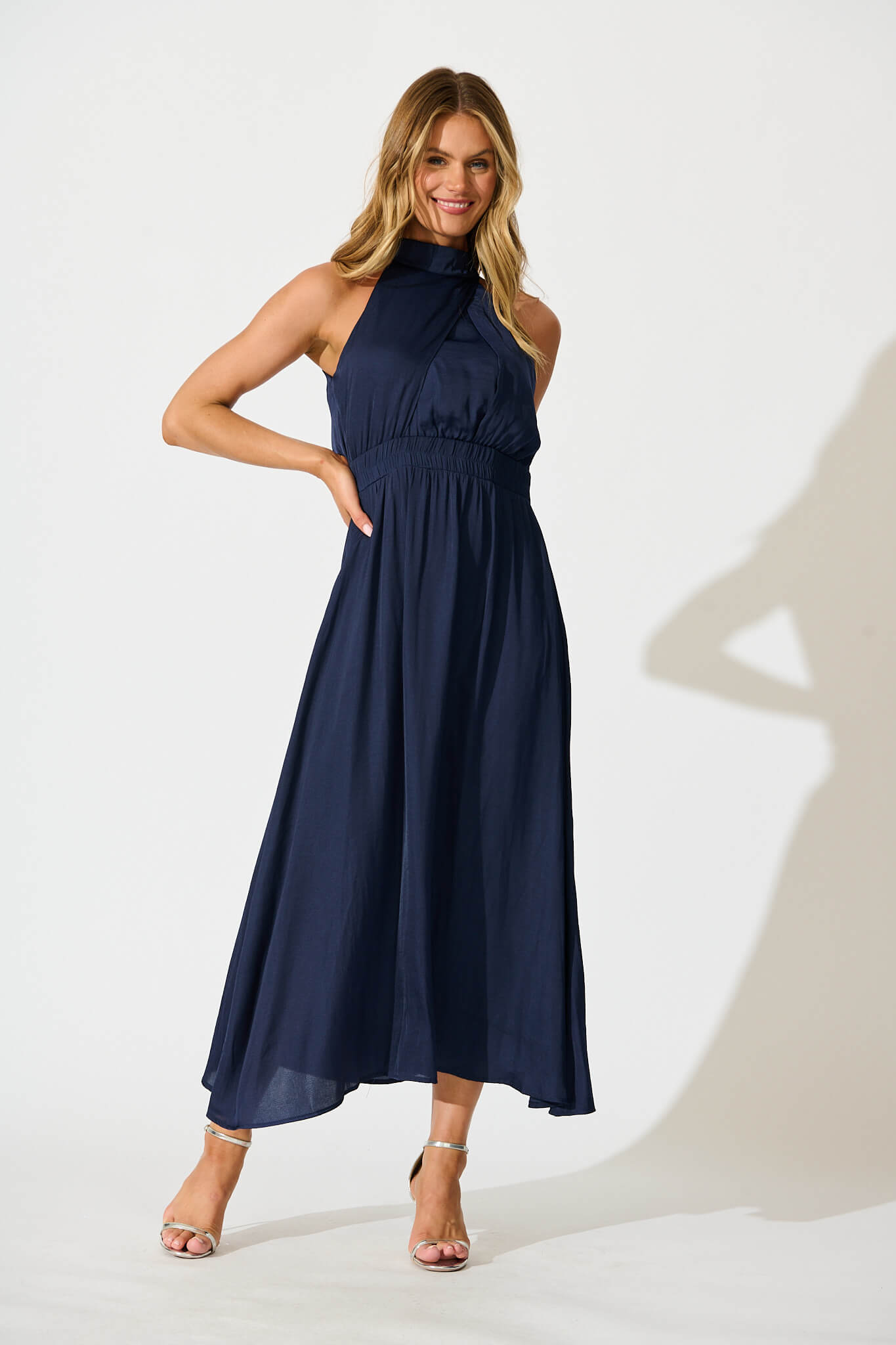 Costa Rica Halter Neck Maxi Dress in Navy Satin