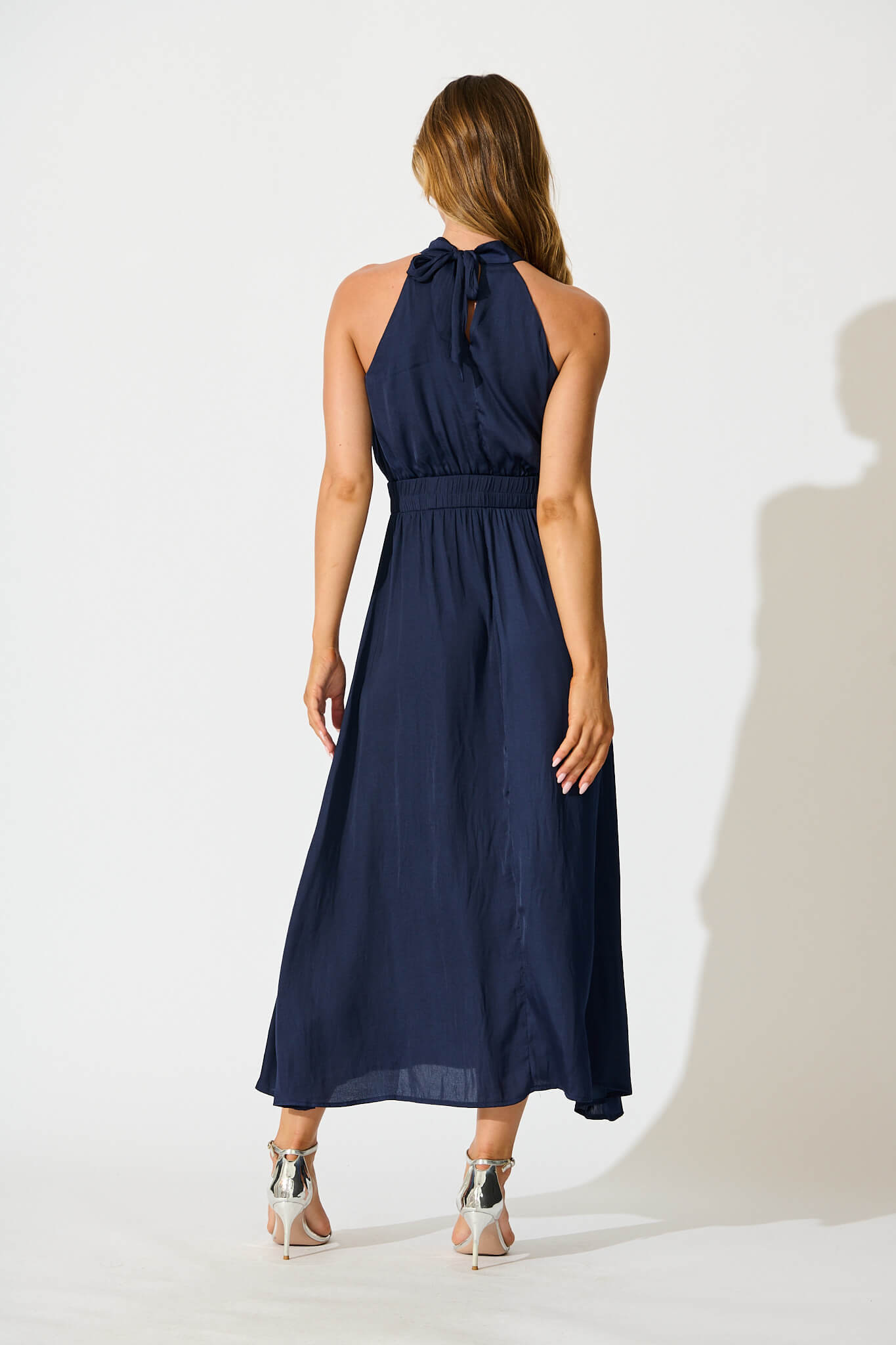 Costa Rica Halter Neck Maxi Dress in Navy Satin
