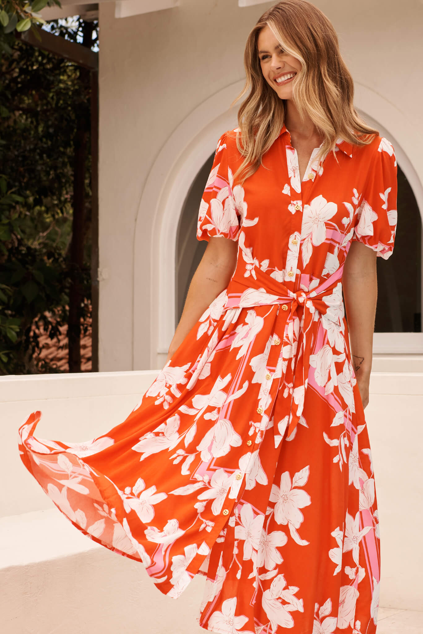 Bella Maxi Shirt Dress in Tangerine with White Floral