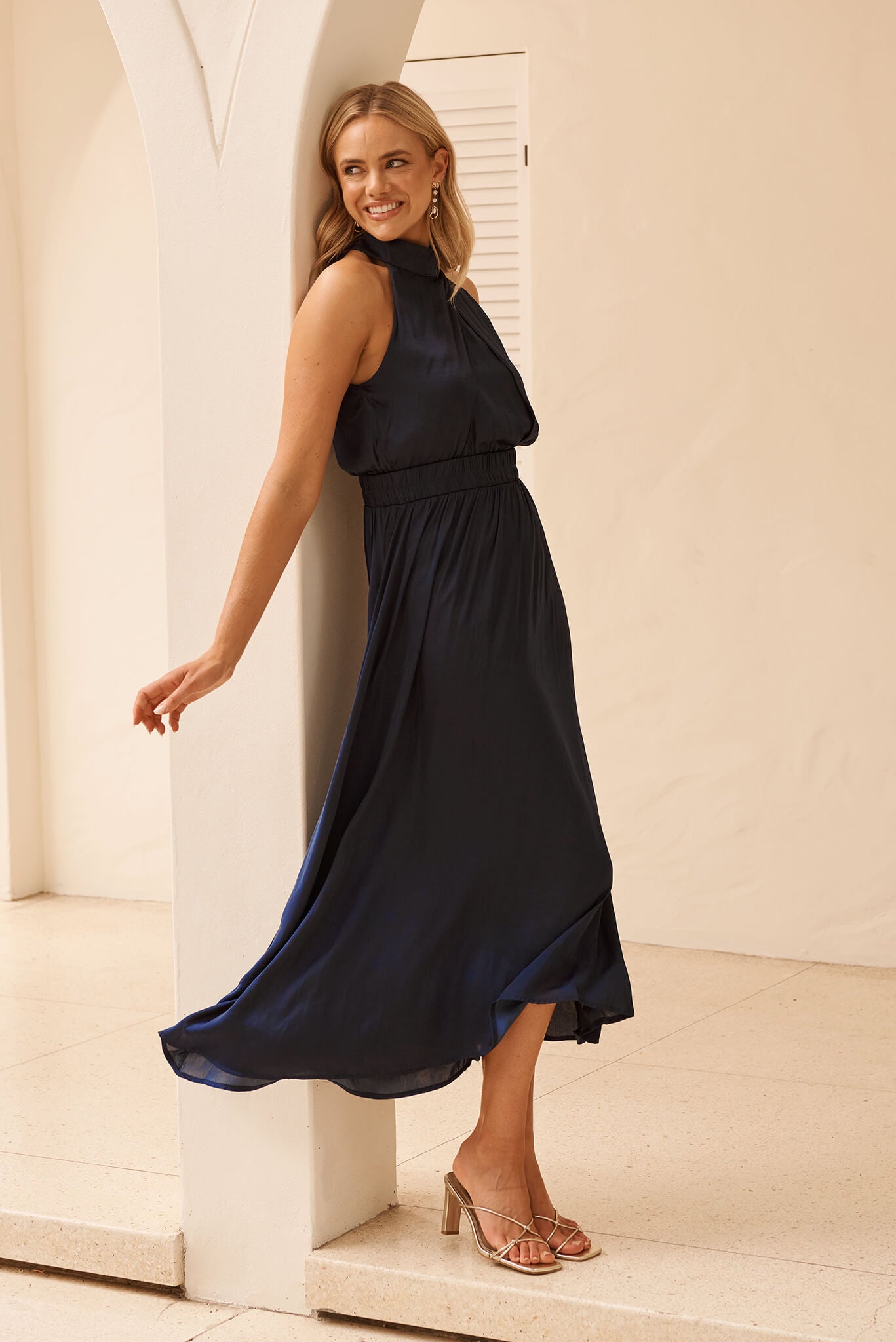 Costa Rica Halter Neck Maxi Dress in Navy Satin