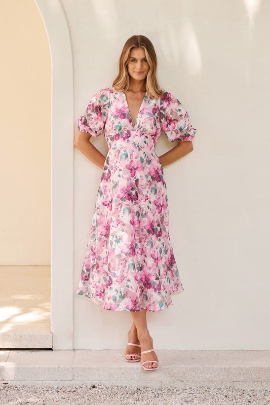PRE ORDER Opulence Midi Dress in Multi Pink Floral Organza