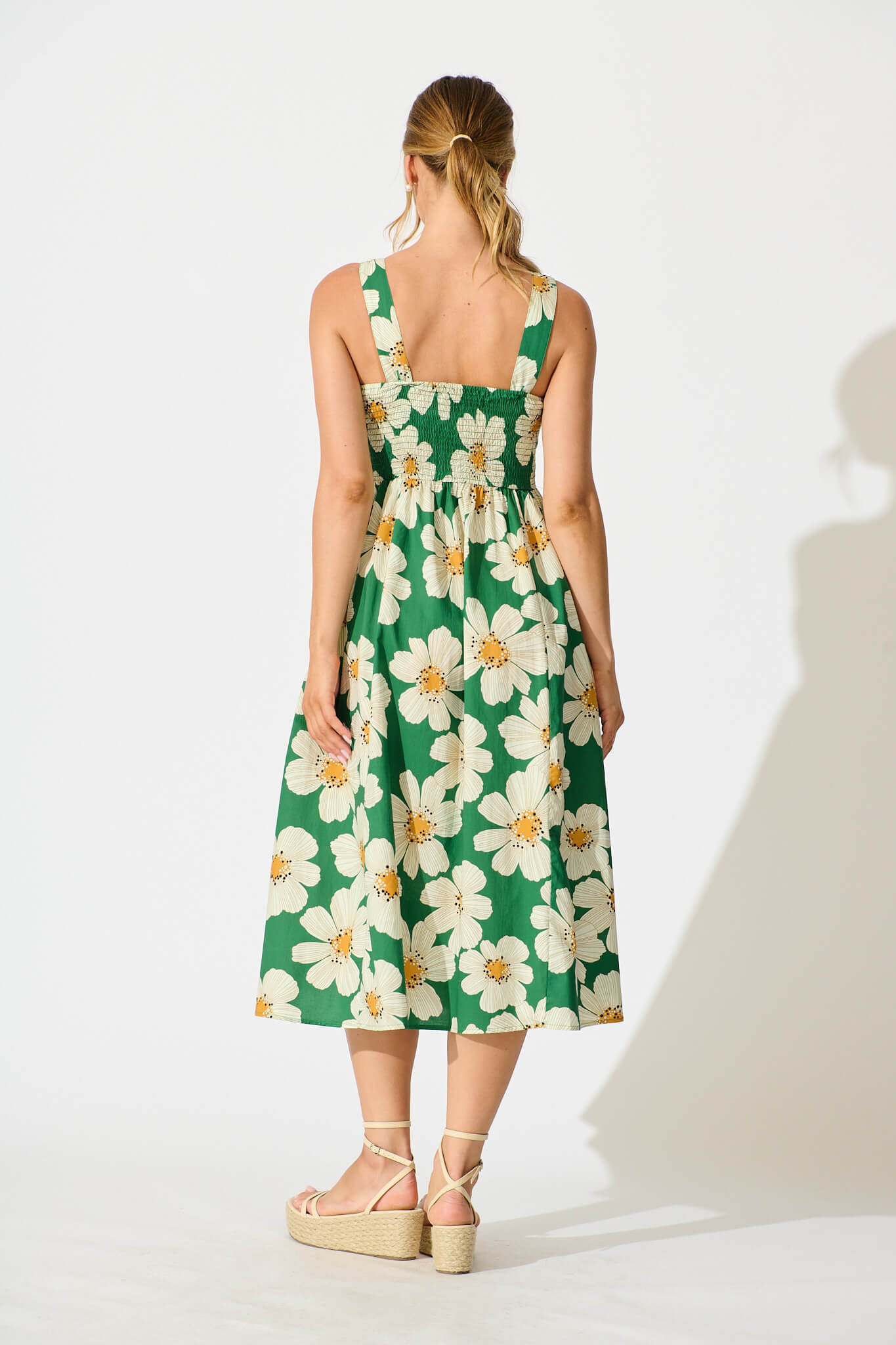 Moreno Midi Dress in Green with White Flower Print Cotton