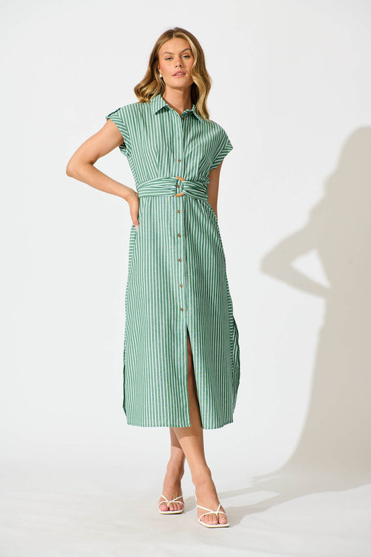 Olvera Midi Shirt Dress in Green Stripe Cotton Linen