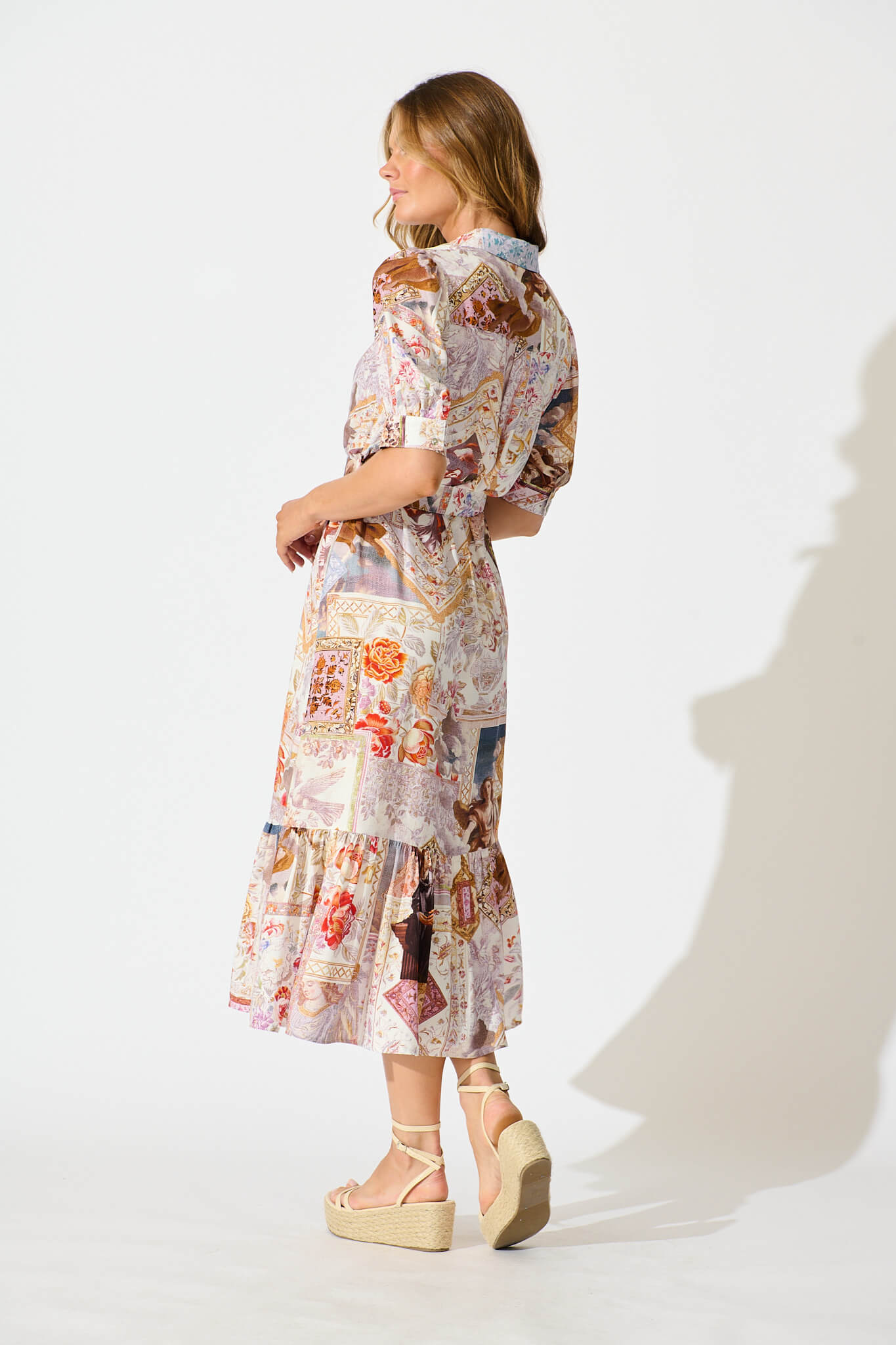 Allyna Midi Shirt Dress in White Multi Patchwork