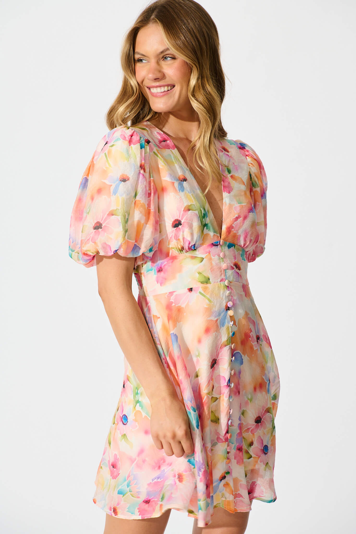 Clarissa Dress In Orange Watercolour Floral