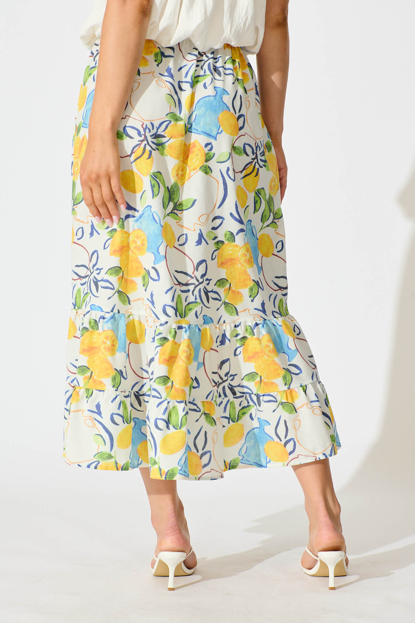 Amabella Midi Skirt in White With Lemon Print Cotton