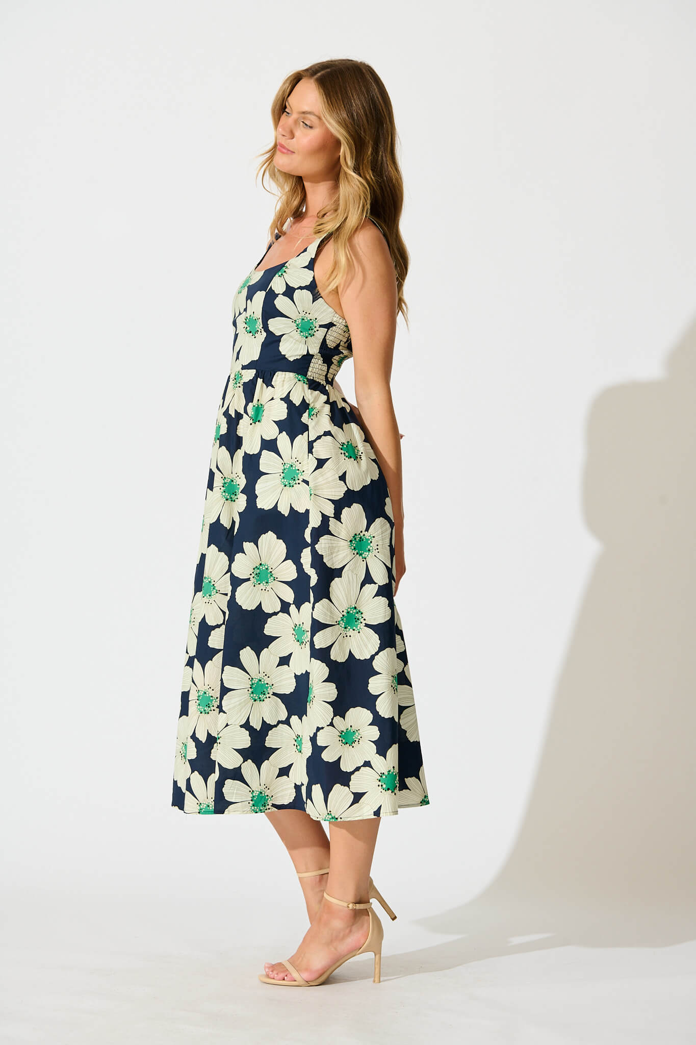 Moreno Midi Dress in Navy with White Flower Print Cotton