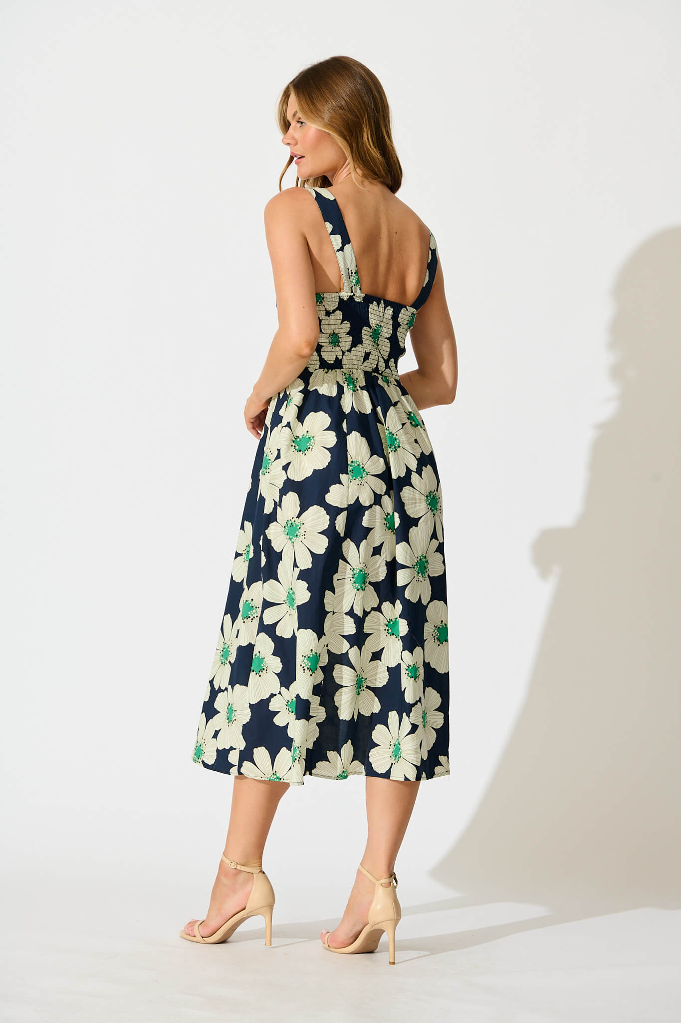 Moreno Midi Dress in Navy with White Flower Print Cotton