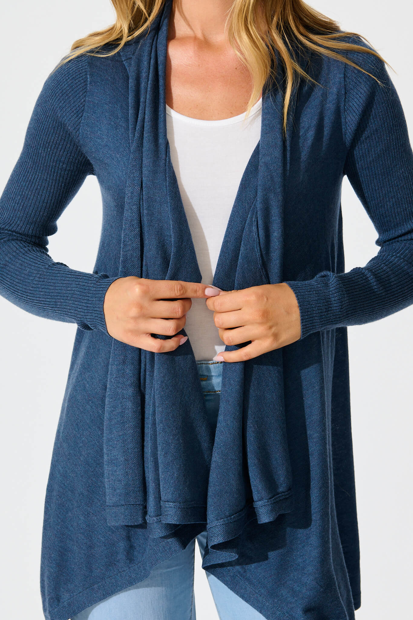 Donna Waterfall Knit Cardigan in Blue Wool Blend