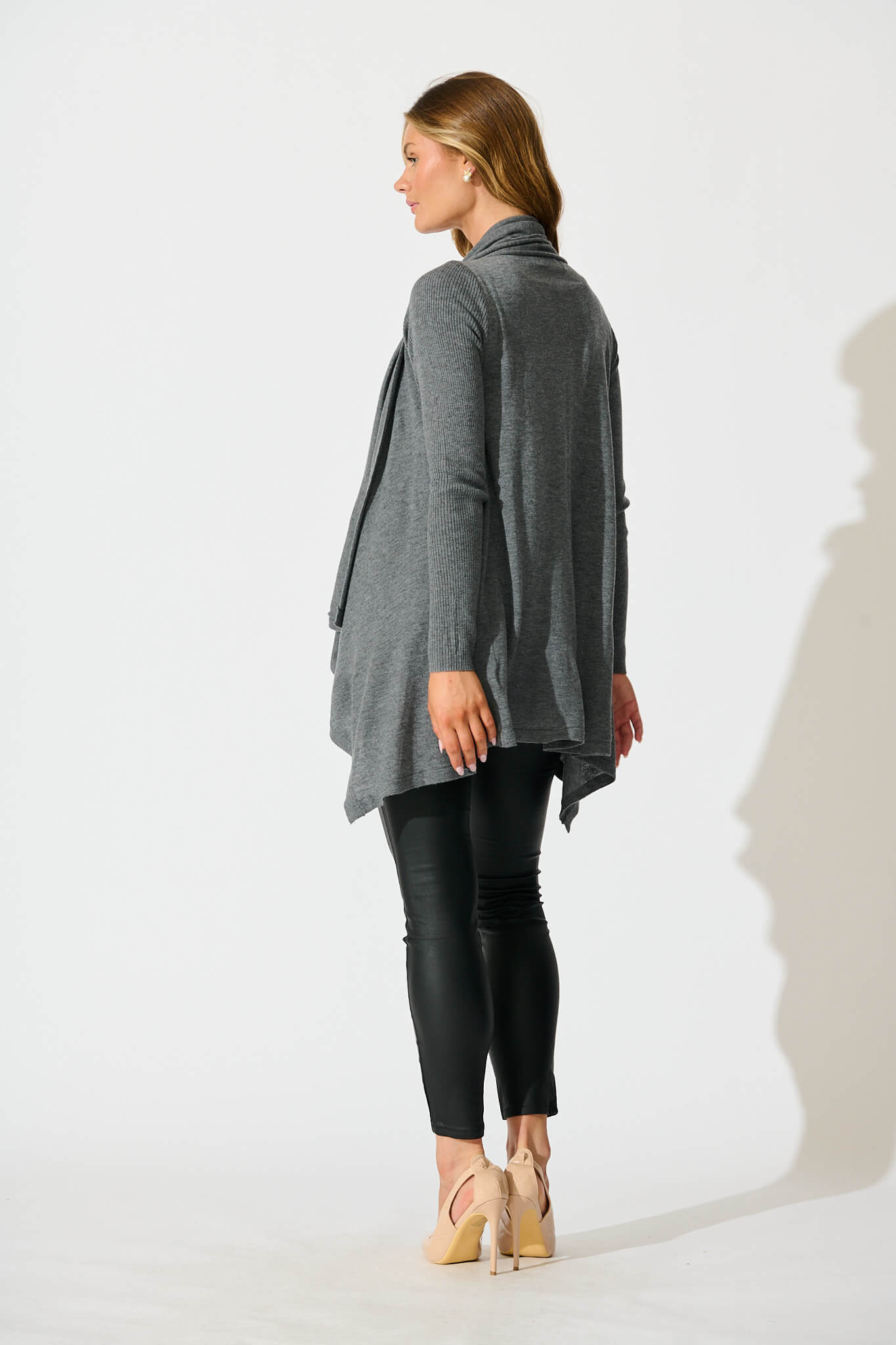 Donna Waterfall Knit Cardigan in Charcoal Wool Blend