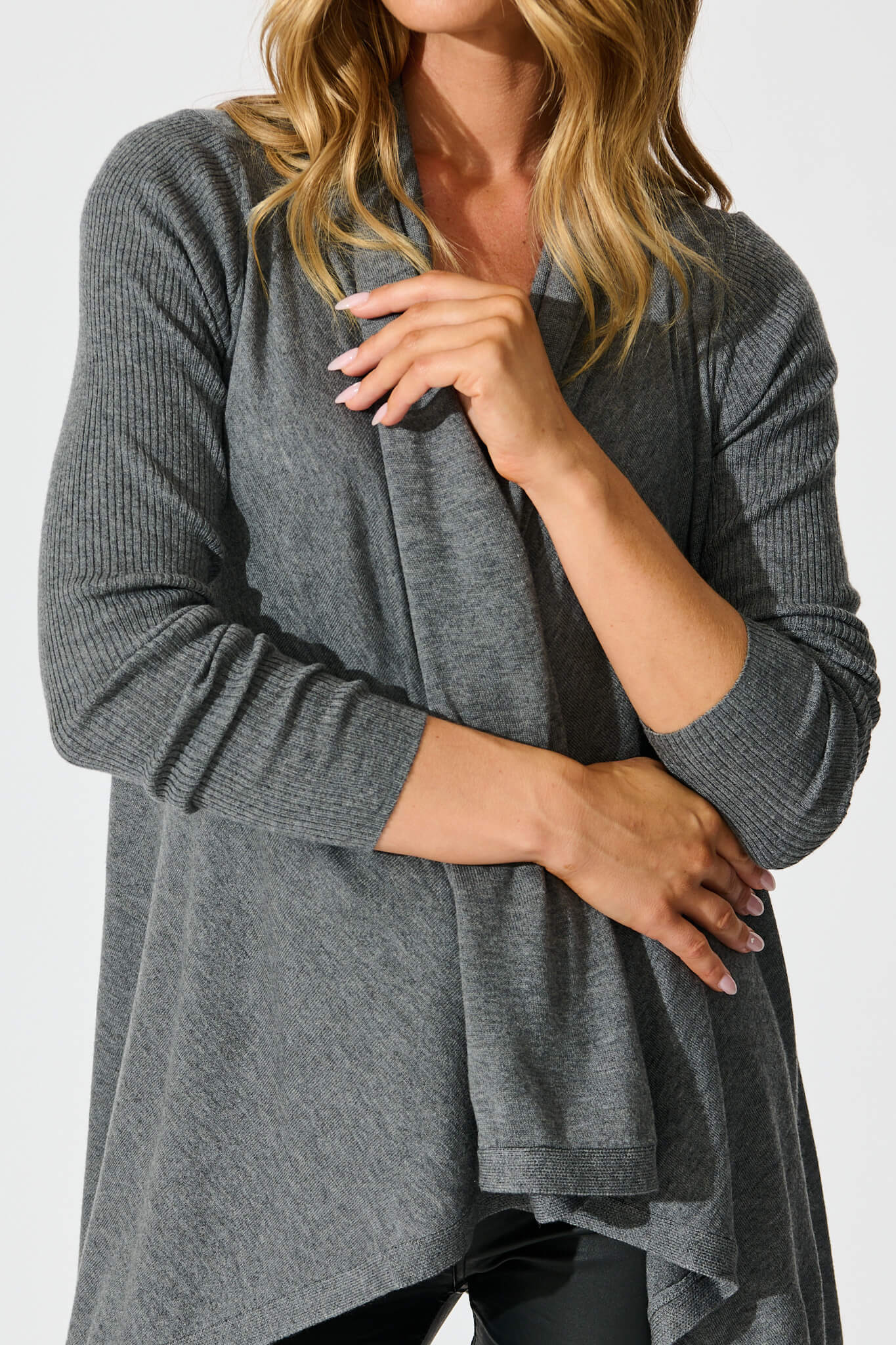 Donna Waterfall Knit Cardigan in Charcoal Wool Blend