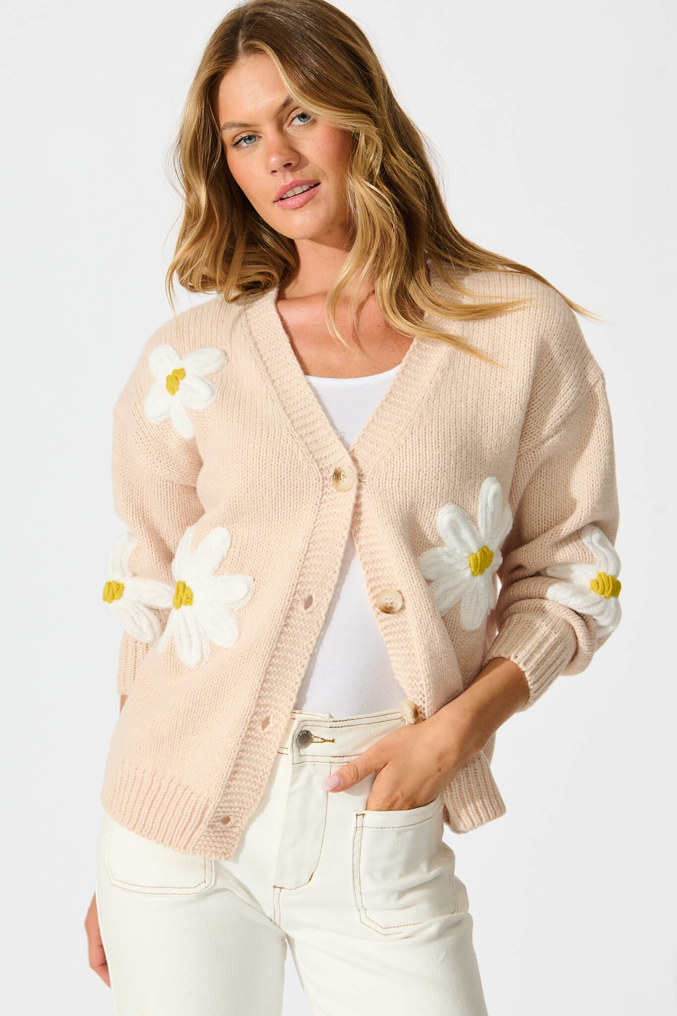 Allona Knit Cardigan in Beige With White Flowers Wool Blend