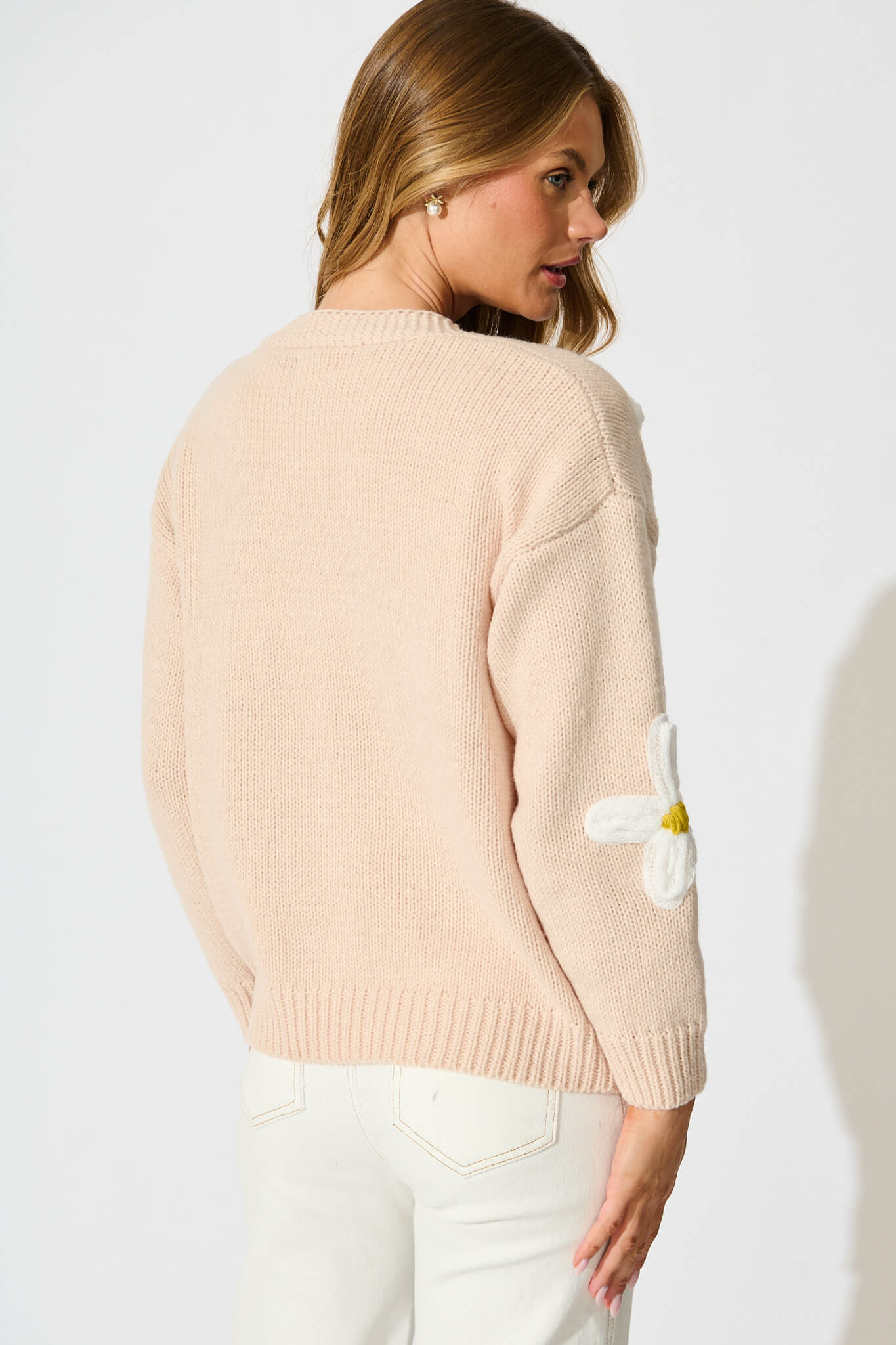 Allona Knit Cardigan in Beige With White Flowers Wool Blend