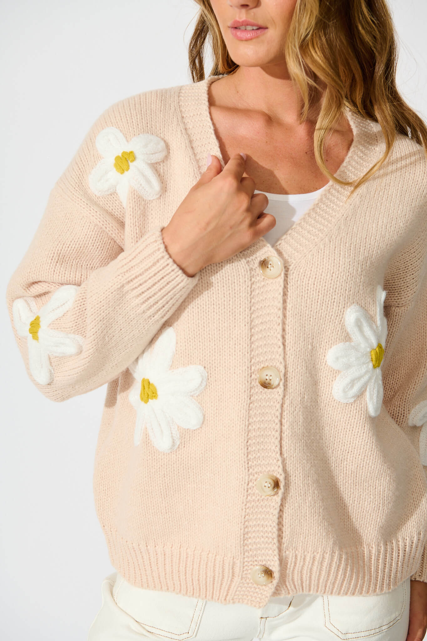 Allona Knit Cardigan in Beige With White Flowers Wool Blend